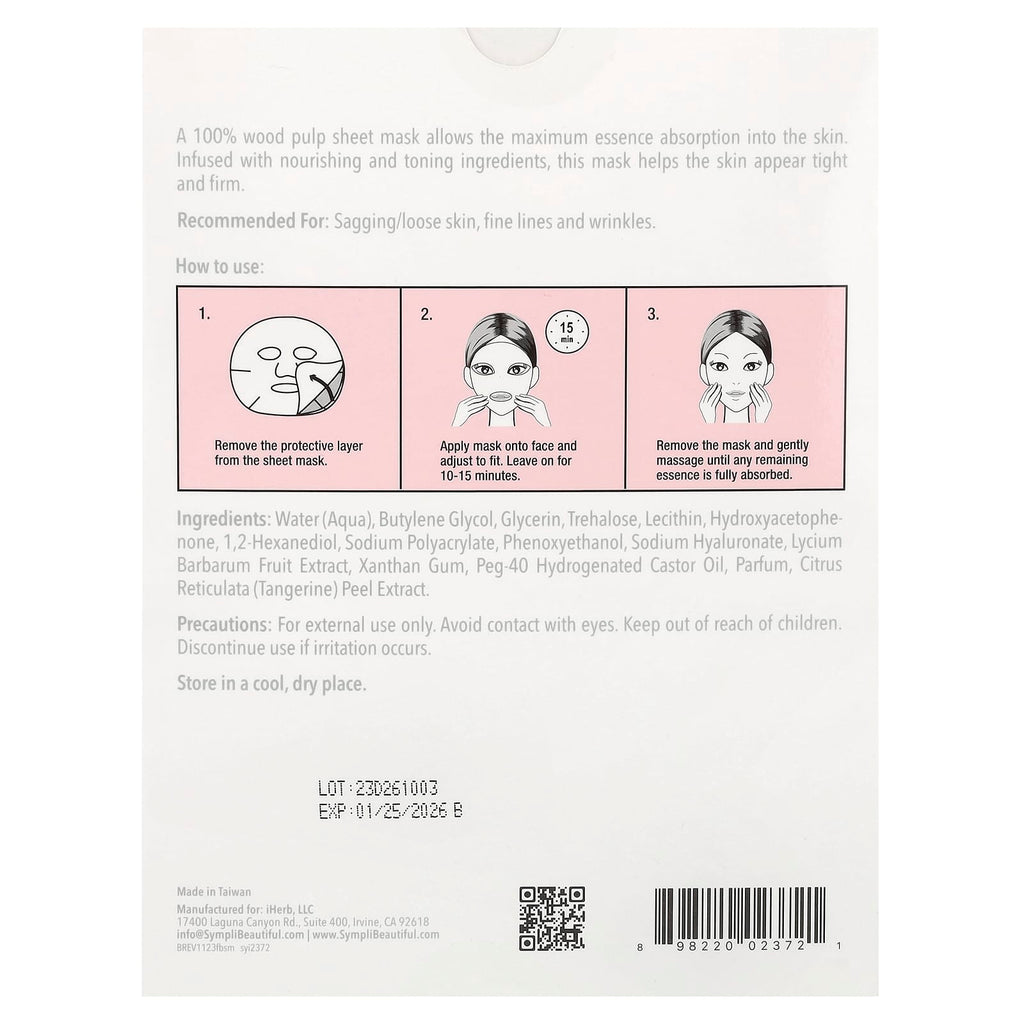 Sympli Beautiful, Firming Beauty Sheet Mask, 5 Sheet Masks, 0.85 fl oz (25 ml) Each
