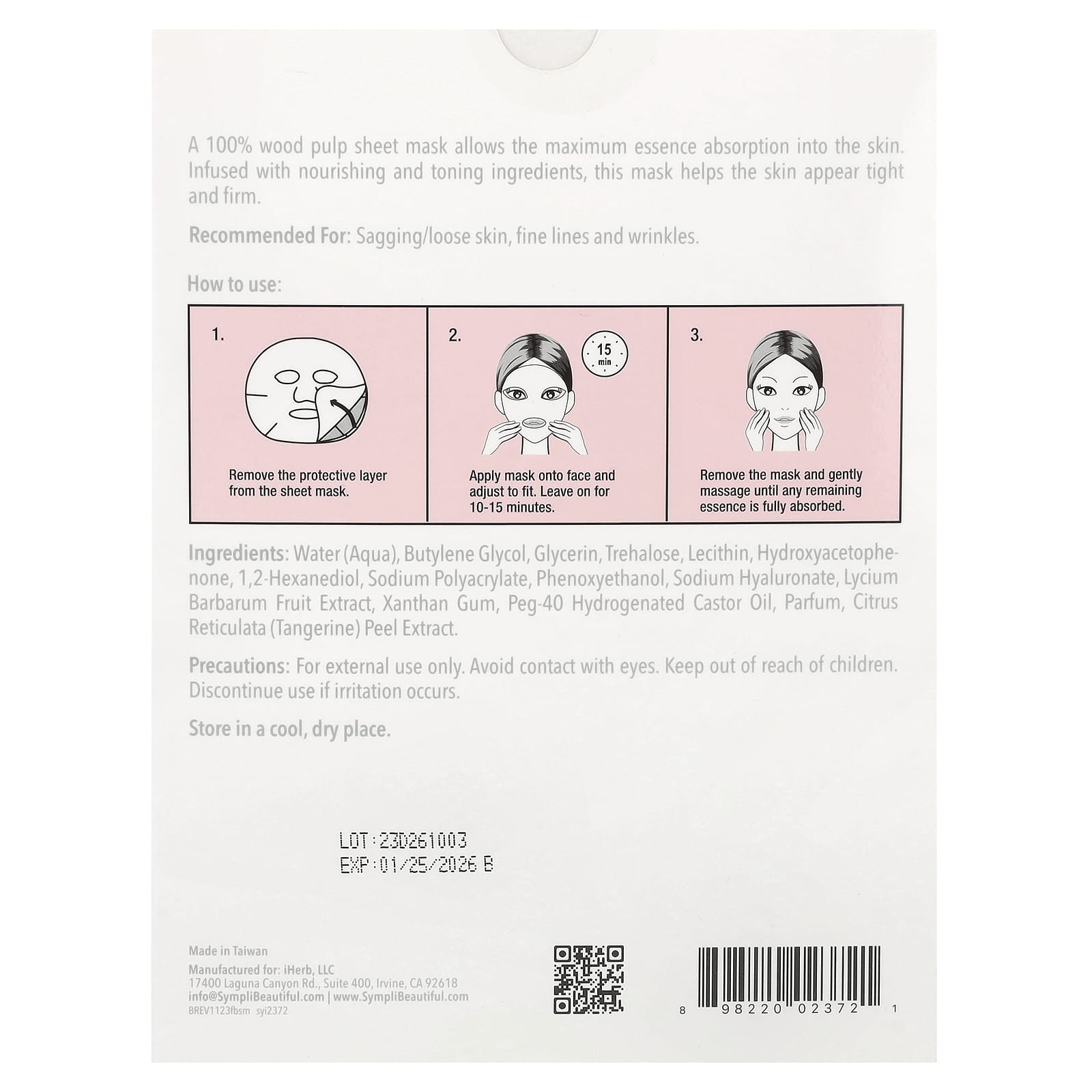 Sympli Beautiful, Firming Beauty Sheet Mask, 5 Sheet Masks, 0.85 fl oz (25 ml) Each