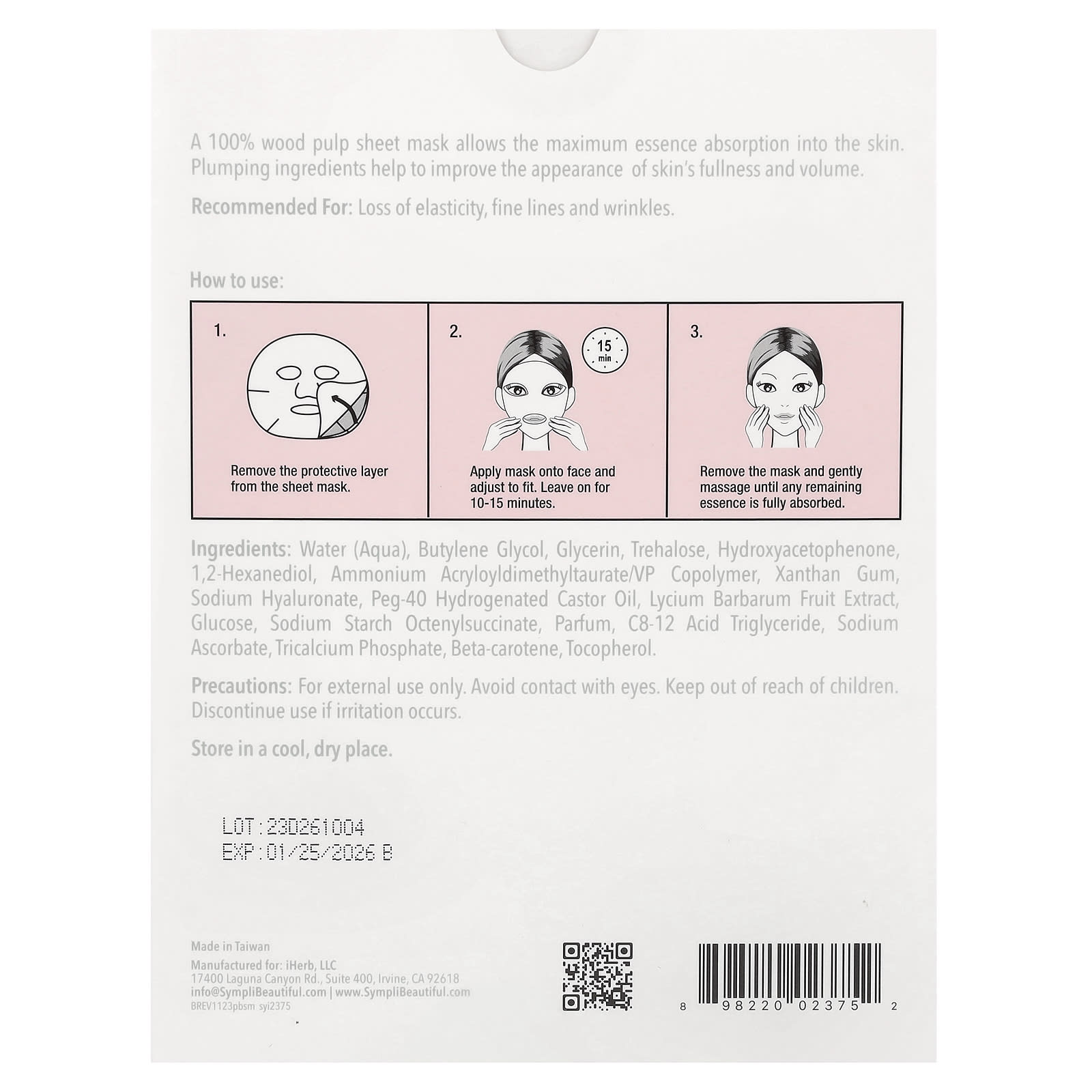 Sympli Beautiful, Plumping Beauty Sheet Mask, 5 Sheet Masks, 0.85 fl oz (25 ml) Each
