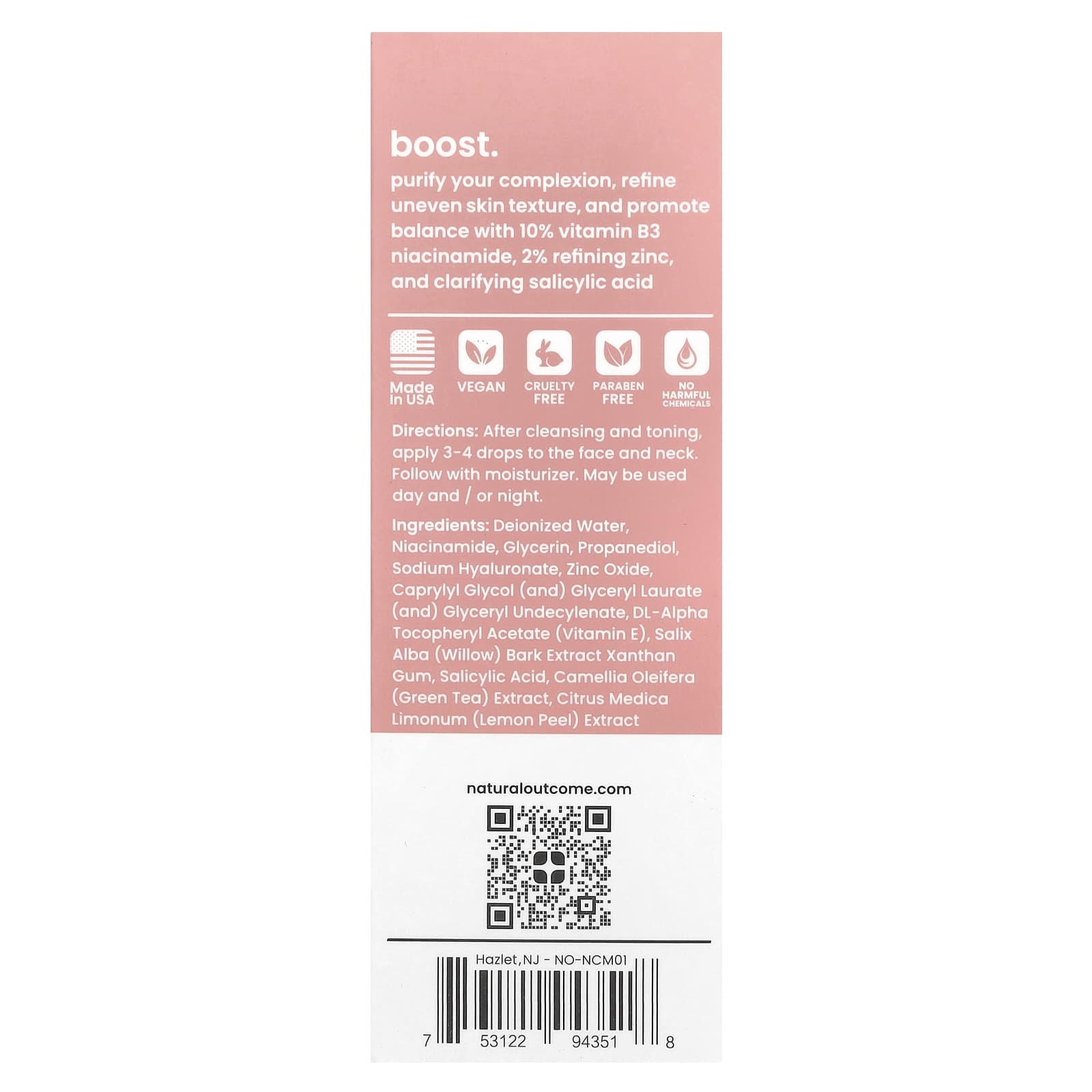 Natural Outcome, Niacinamide, B-Boost Serum, Fragrance Free, 1 oz (30 ml)