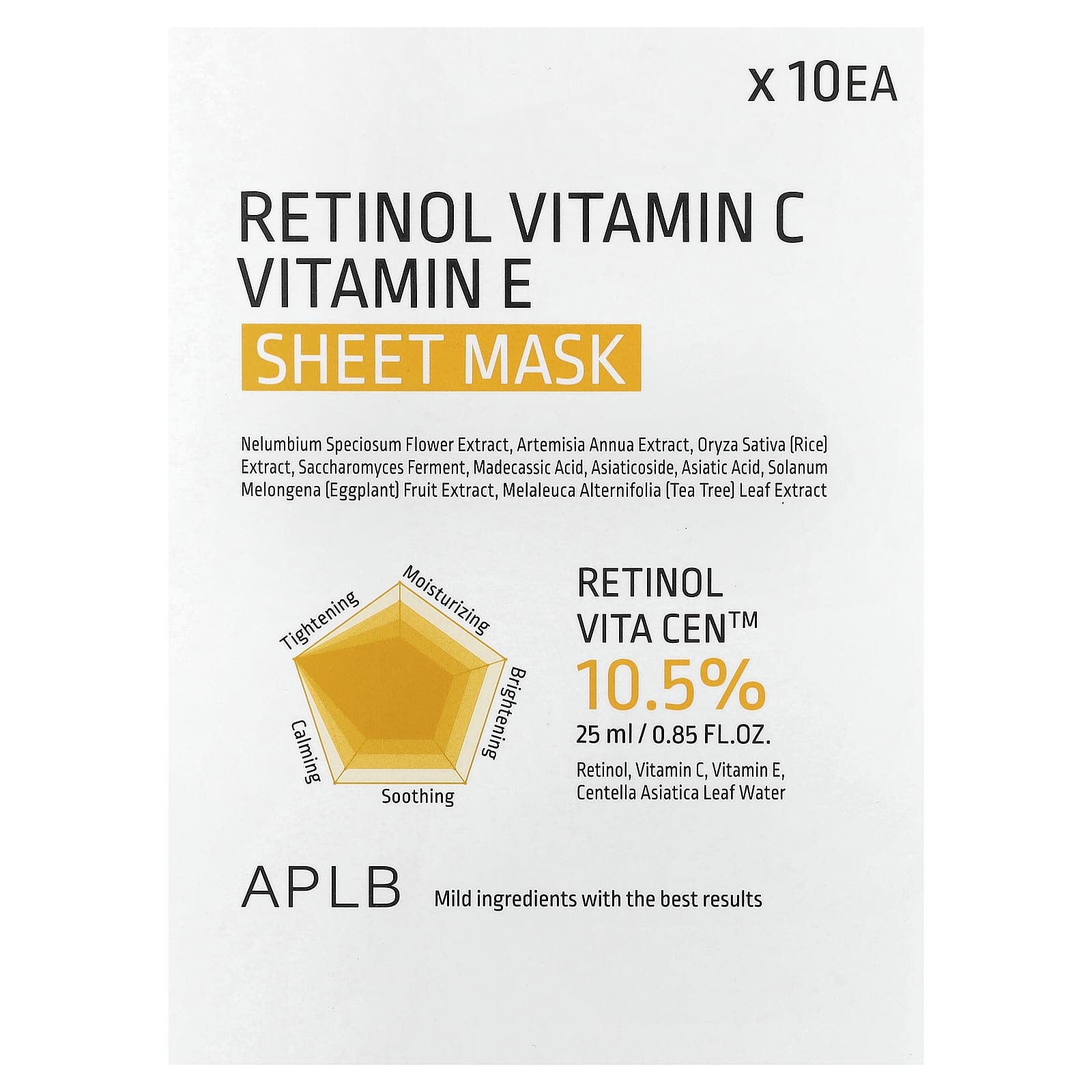 APLB, Retinol Vitamin C, Vitamin E Beauty Sheet Mask, 10 Sheets, 0.85 fl oz (25 ml) Each