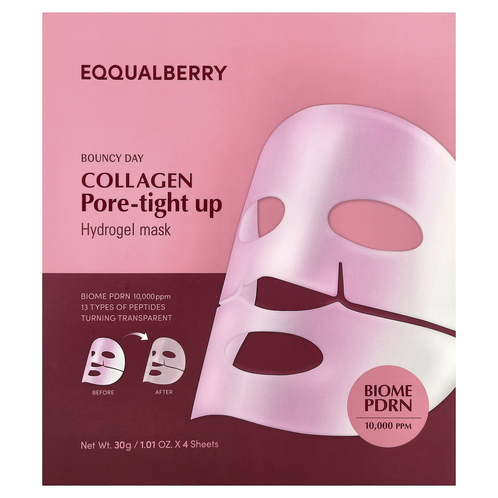 EQQUALBERRY, Bouncy Day, Collagen Pore-Tight Up, Hydrogel Beauty Mask, 4 Sheet, 1.01 oz (30 g) Each