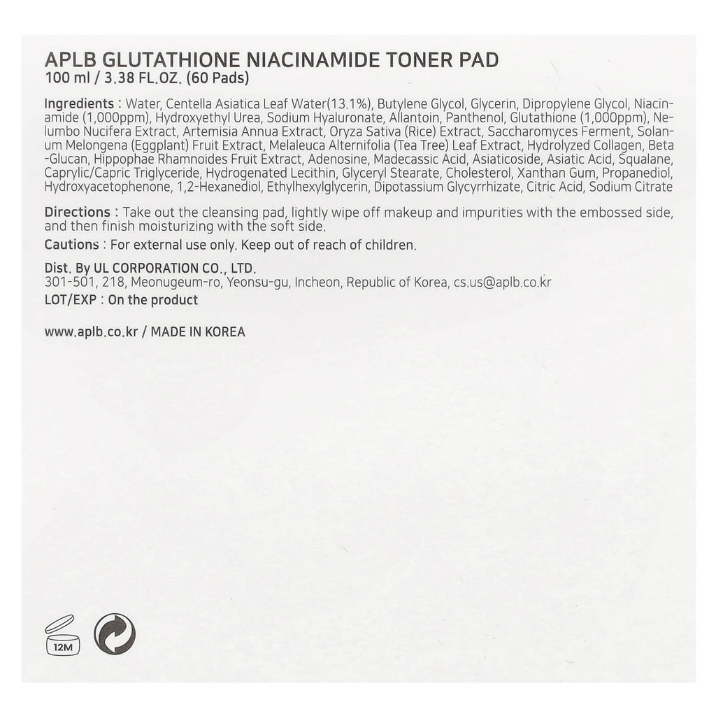 APLB, Glutathione Niacinamide, Toner Pad, 60 Pads, 3.38 fl oz (100 ml)