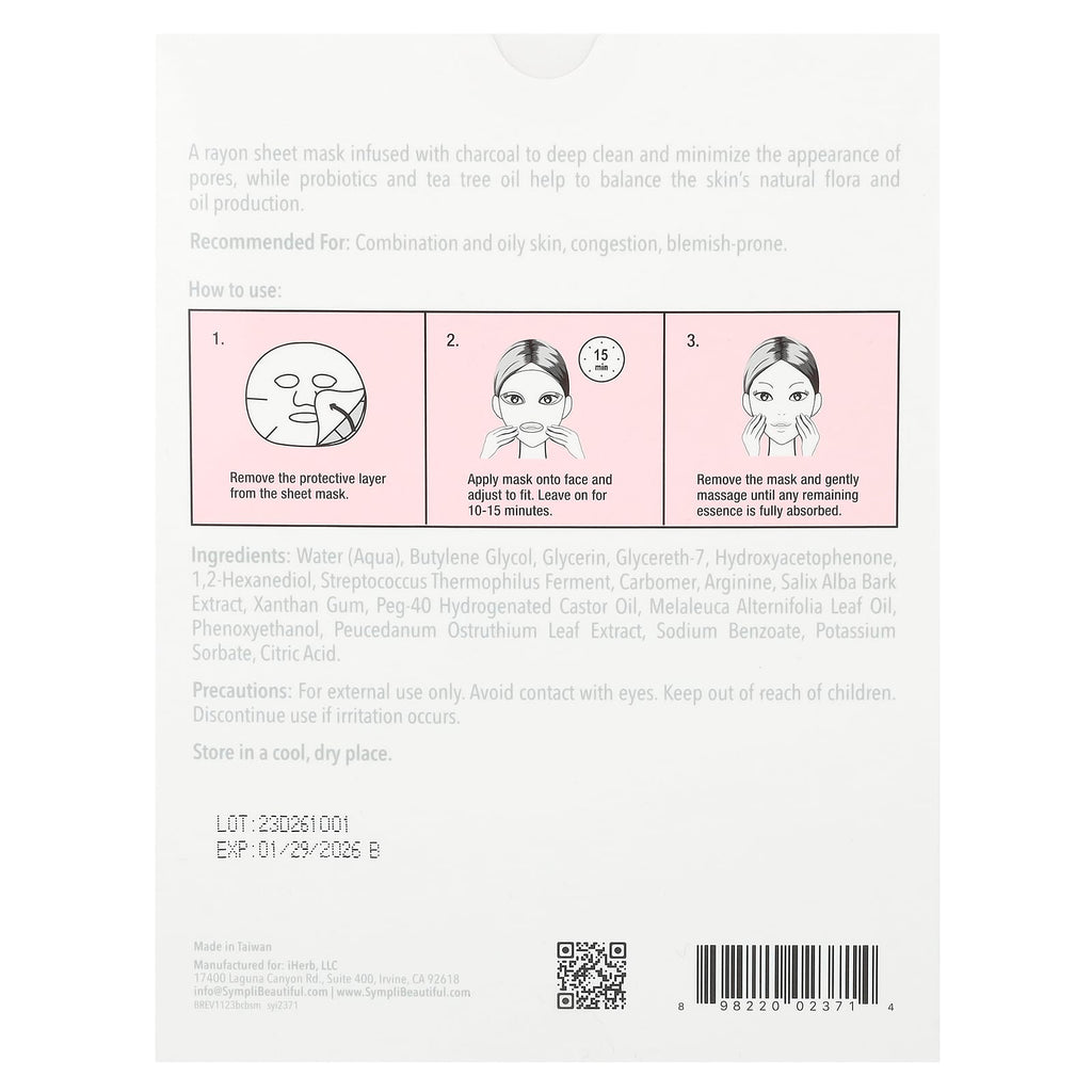 Sympli Beautiful, Balancing Charcoal Beauty Sheet Masks, 5 Sheet Masks, 0.85 fl oz (25 ml) Each