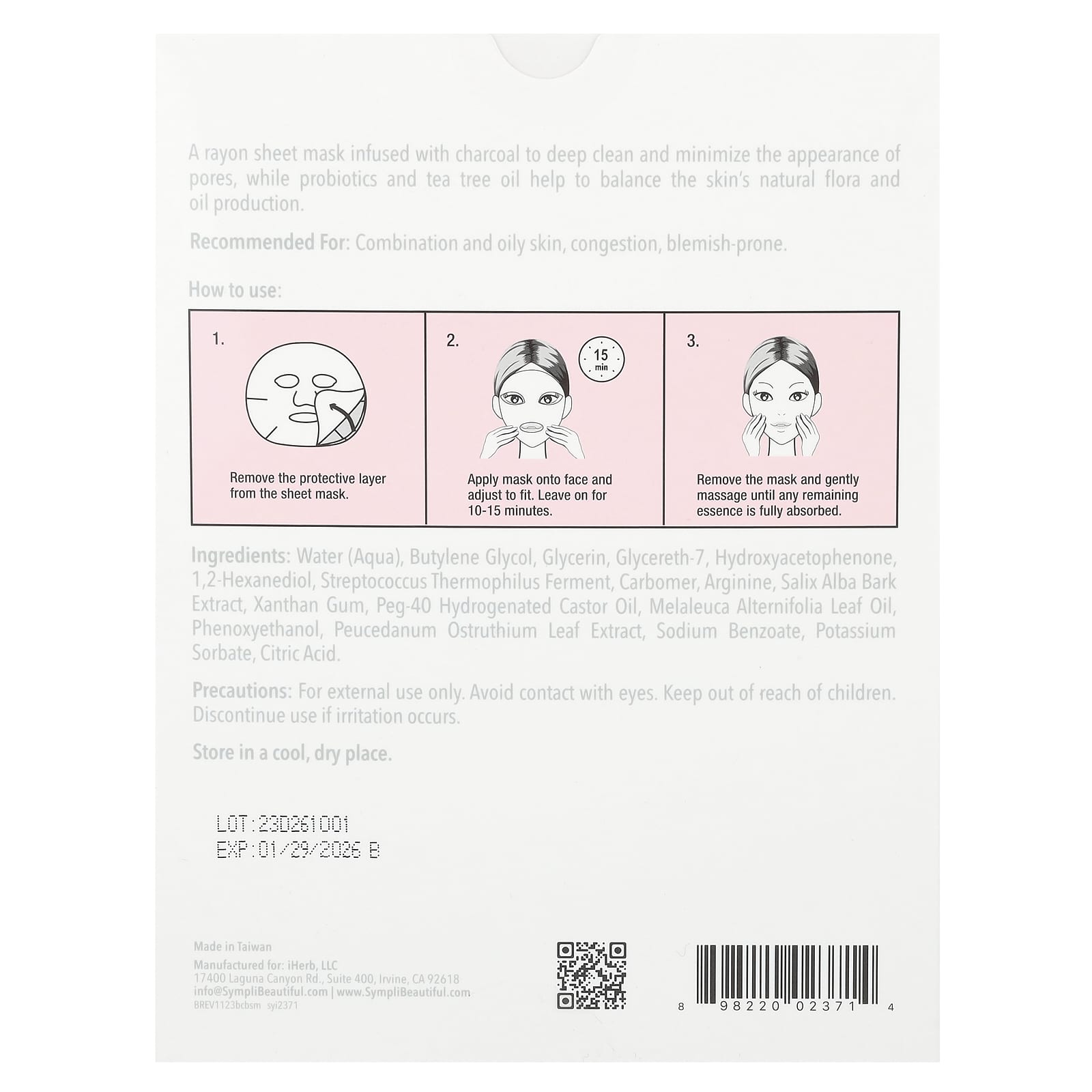 Sympli Beautiful, Balancing Charcoal Beauty Sheet Masks, 5 Sheet Masks, 0.85 fl oz (25 ml) Each