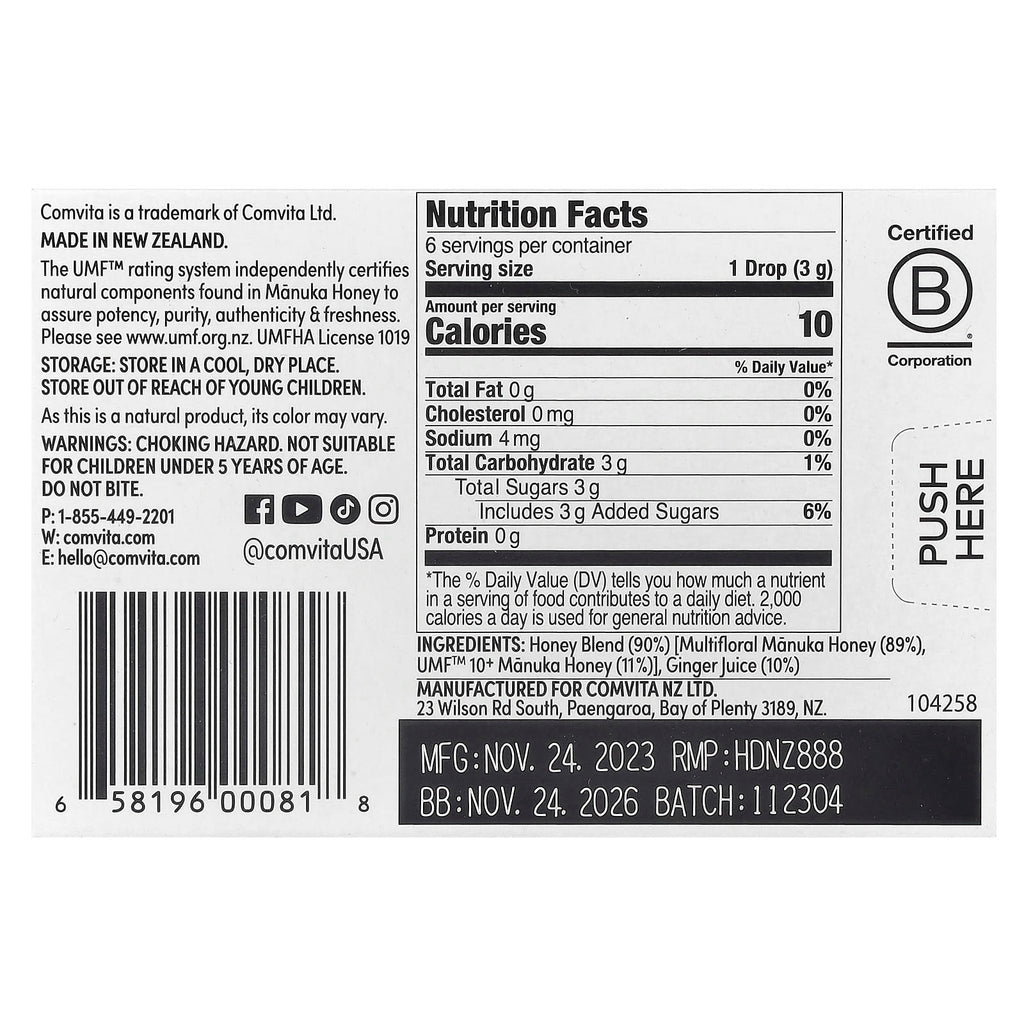 Comvita, Manuka Honey Drops with Ginger, 6 Drops, 0.63 oz (18 g)