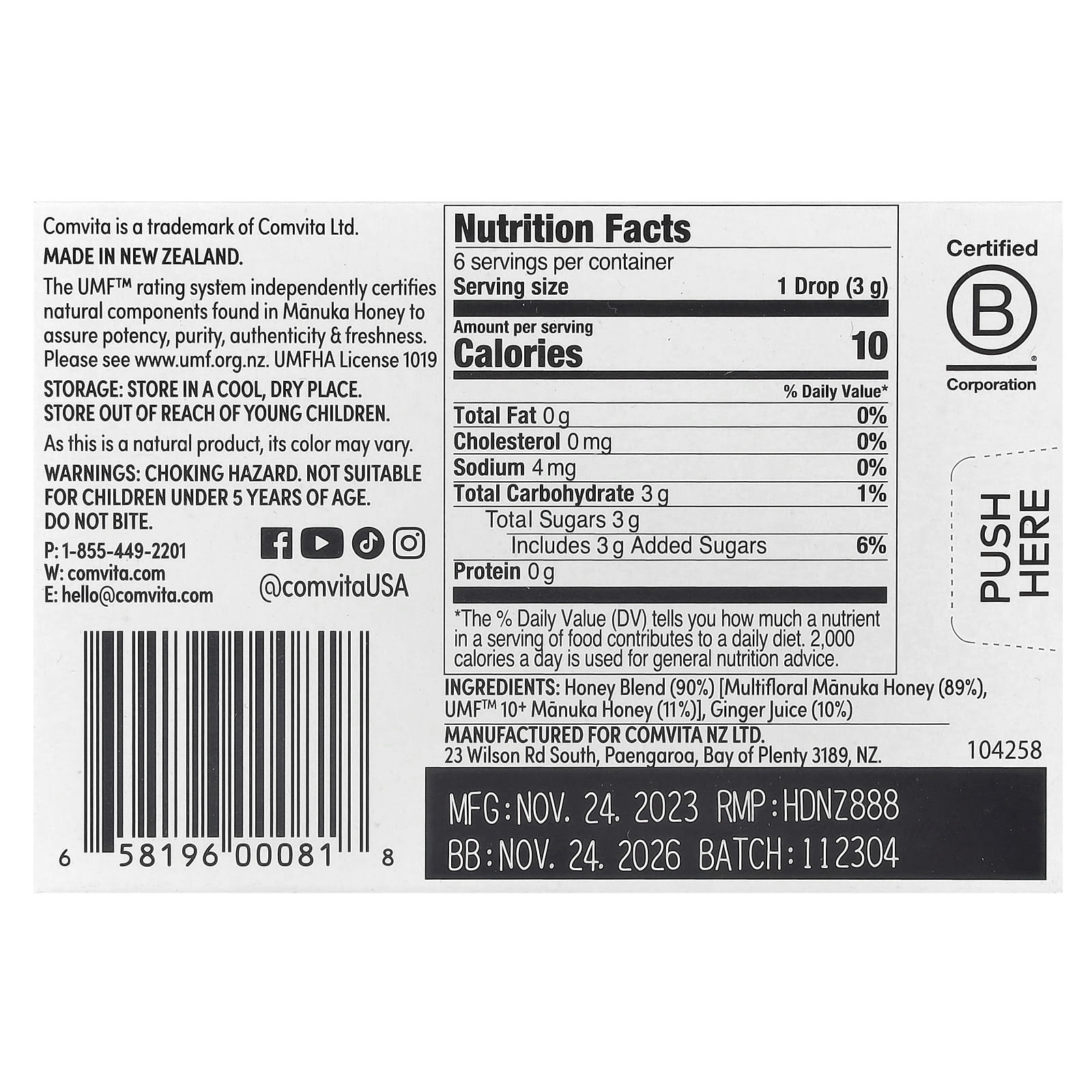 Comvita, Manuka Honey Drops with Ginger, 6 Drops, 0.63 oz (18 g)