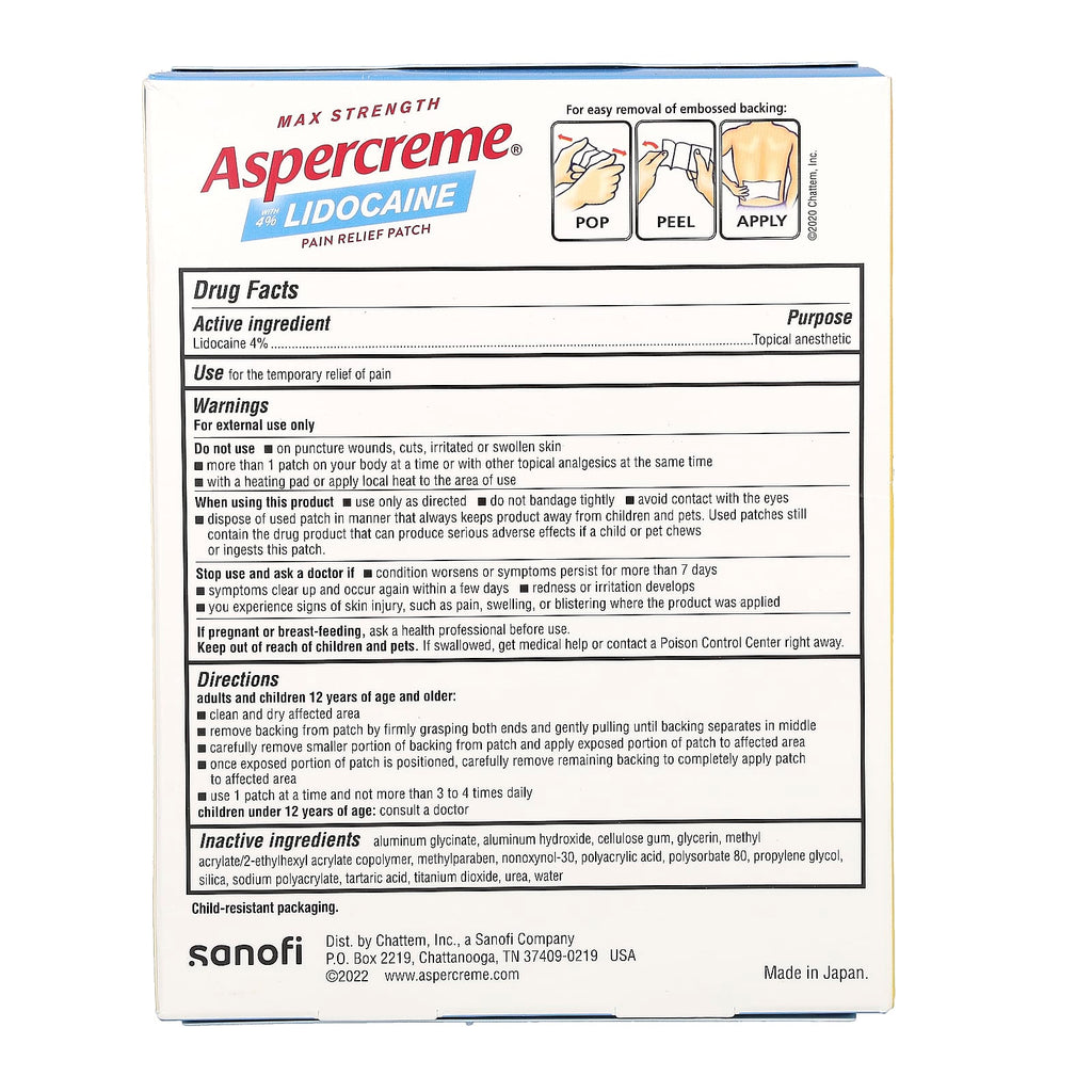 Aspercreme, Pain Relief Patch with 4% Lidocaine, Max Strength, XL, Fragrance-Free, 3 Patches
