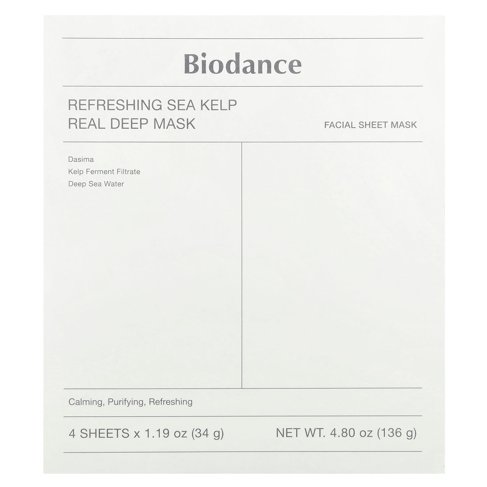 Biodance, Refreshing Sea Kelp Real Deep Beauty Mask, 4 Sheets, 1.19 oz (34 g) Each