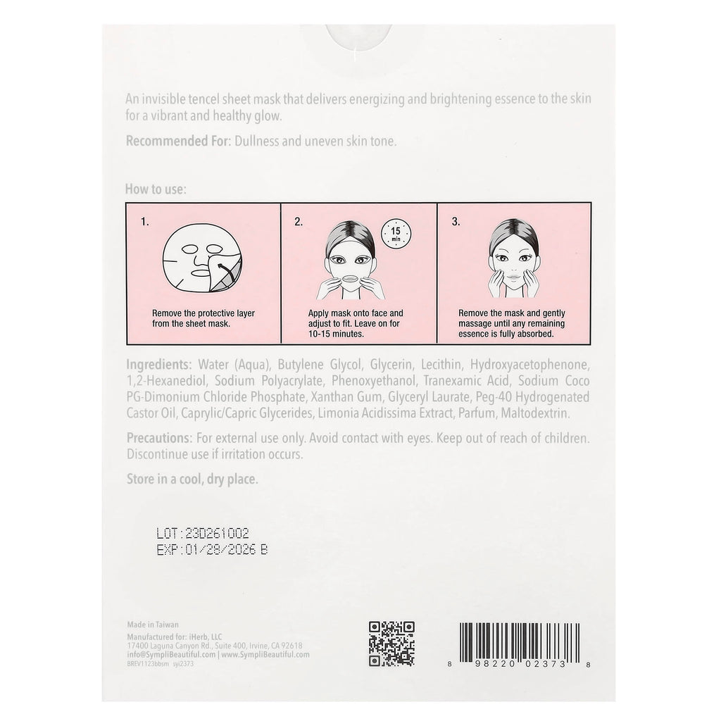 Sympli Beautiful, Brightening Beauty Sheet Mask, 5 Sheet Masks, 0.85 oz (25 ml) Each
