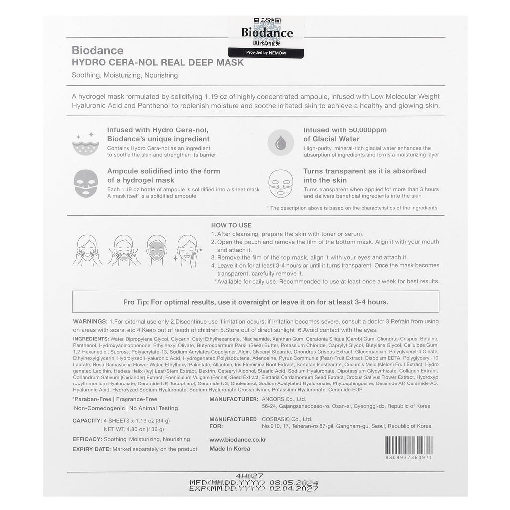 Biodance, Hydro Cera-Nol Real Deep Beauty Mask, 4 Sheets, 1.19 oz (34 g) Each