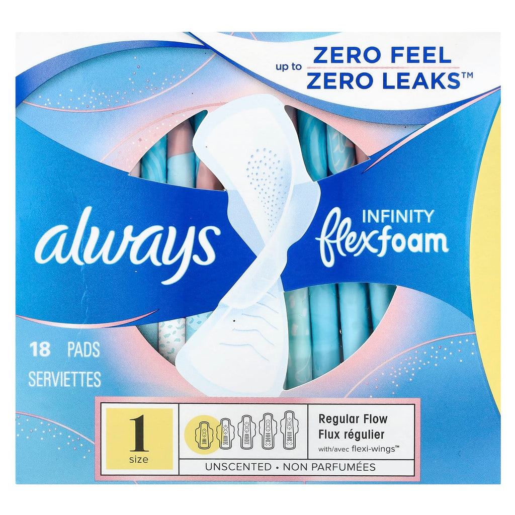 Always, Infinity Flex Foam with Wings, Size 1, Regular Flow, Unscented, 18 Pads