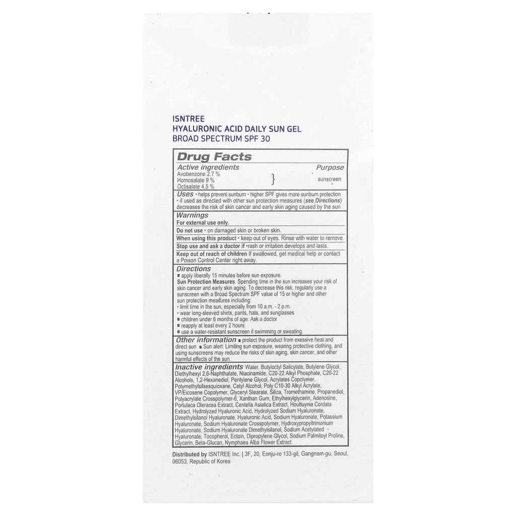 ISNtree, Hyaluronic Acid Daily Sun Gel, SPF 30, 1.69 fl oz (50 ml)
