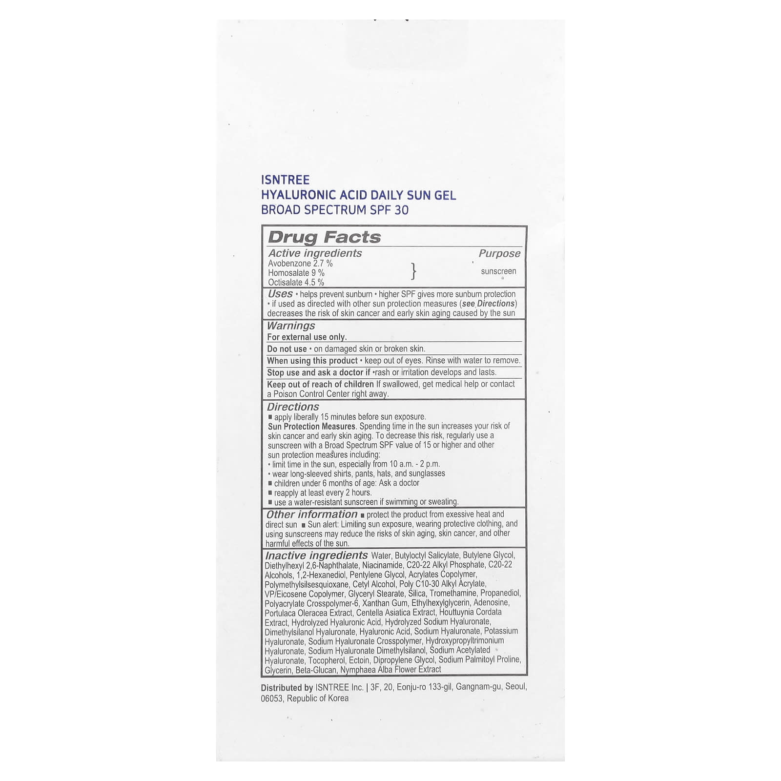 ISNtree, Hyaluronic Acid Daily Sun Gel, SPF 30, 1.69 fl oz (50 ml)