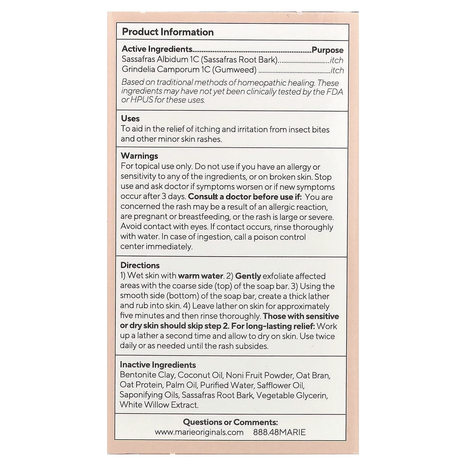 Marie Originals, The Bioactive Itch & Rash Bar Soap, 2.9 oz (82 g)