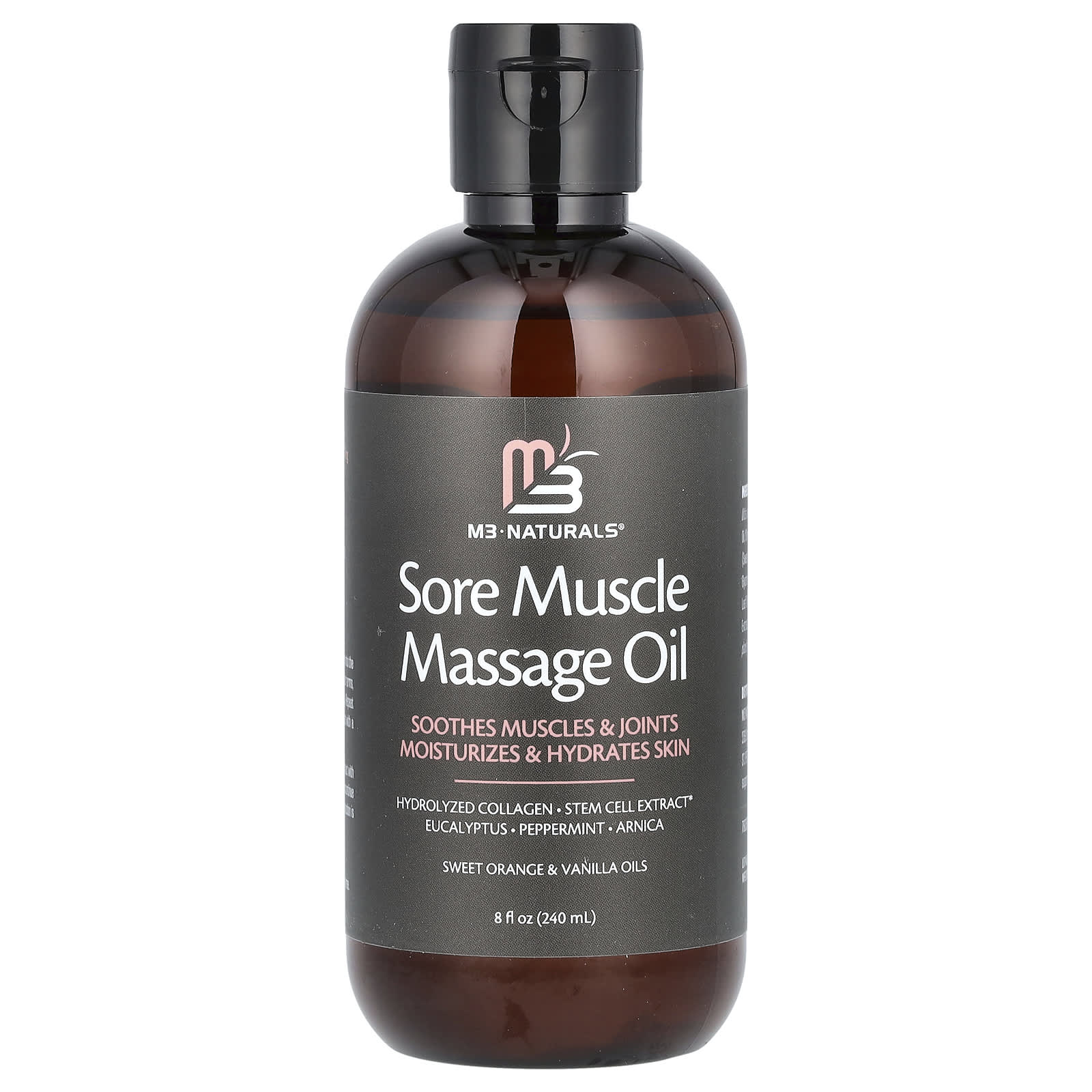 M3 Naturals, Sore Muscle Massage Oil, Sweet Orange & Vanilla, 8 fl oz (240 ml)