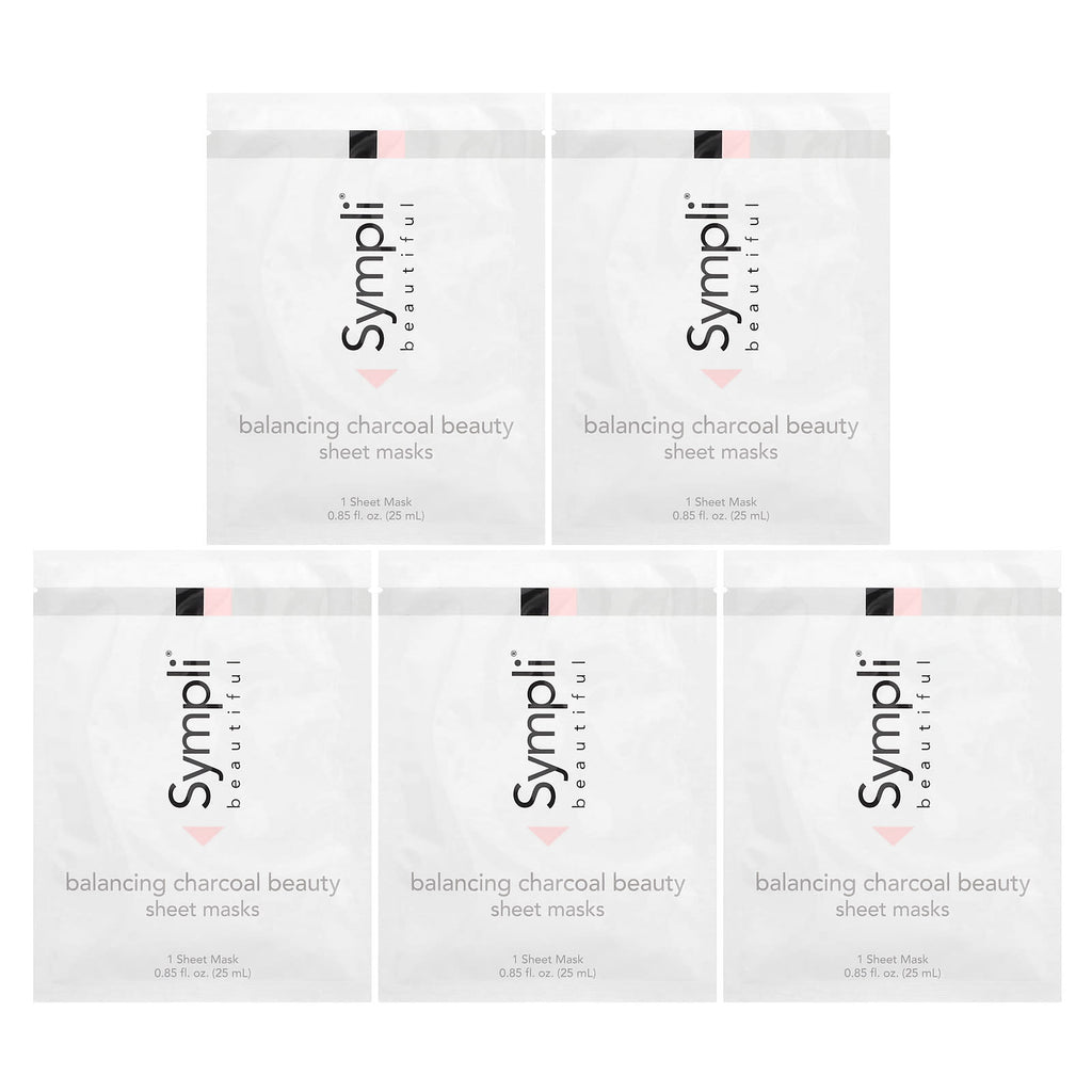 Sympli Beautiful, Balancing Charcoal Beauty Sheet Masks, 5 Sheet Masks, 0.85 fl oz (25 ml) Each