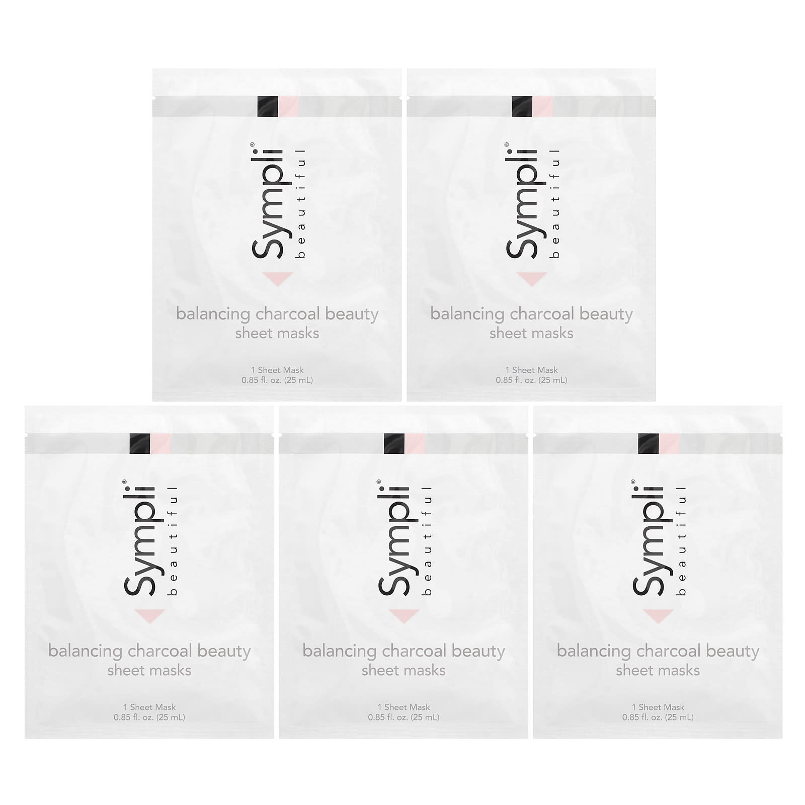 Sympli Beautiful, Balancing Charcoal Beauty Sheet Masks, 5 Sheet Masks, 0.85 fl oz (25 ml) Each