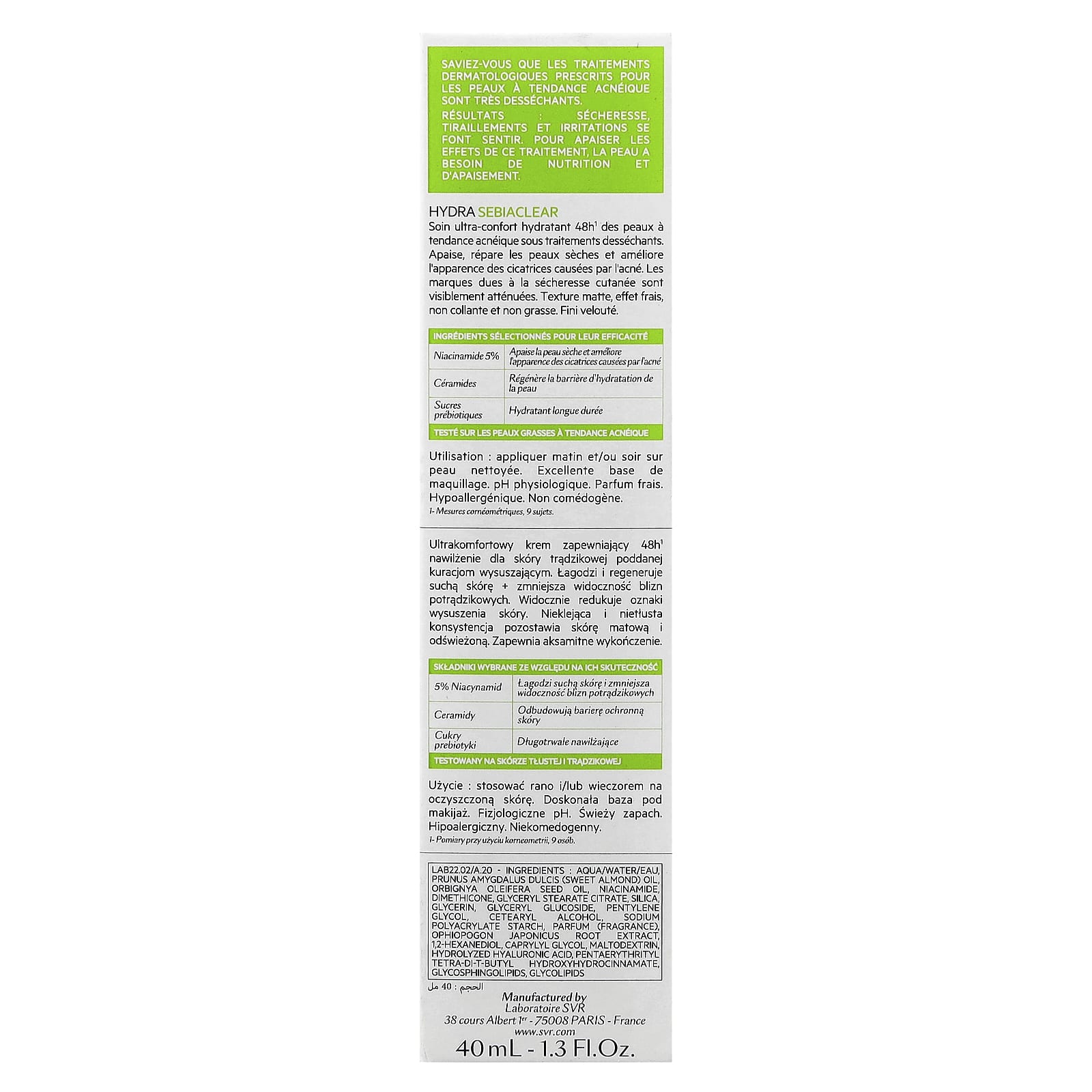 SVR, Hydra Sebiaclear, Moisturizer, Acne-Prone Skin, 1.3 fl oz (40 ml)