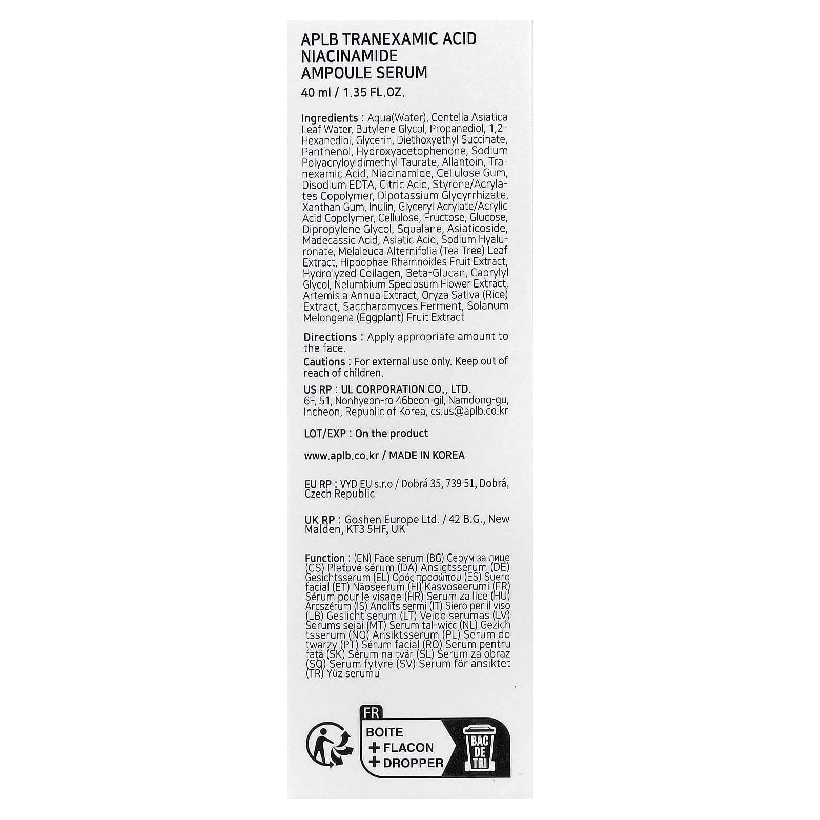 APLB, Tranexamic Acid Niacinamide Ampoule Serum , 1.35 fl oz (40 ml)
