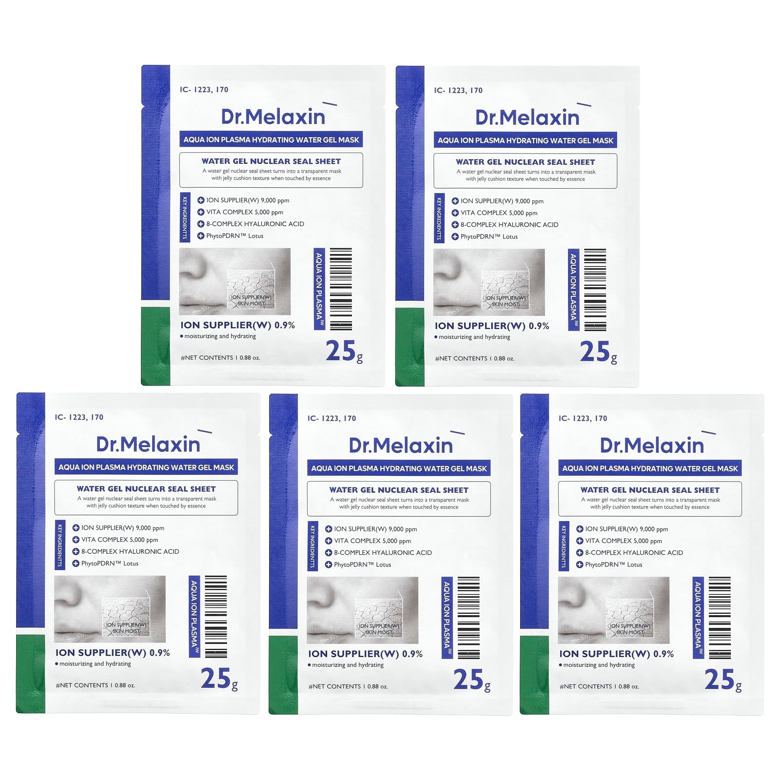 Dr.Melaxin, Aqua Ion Plasma, Hydrating Water Beauty Gel Mask, 5 Sheets, 0.88 oz (25 g) Each