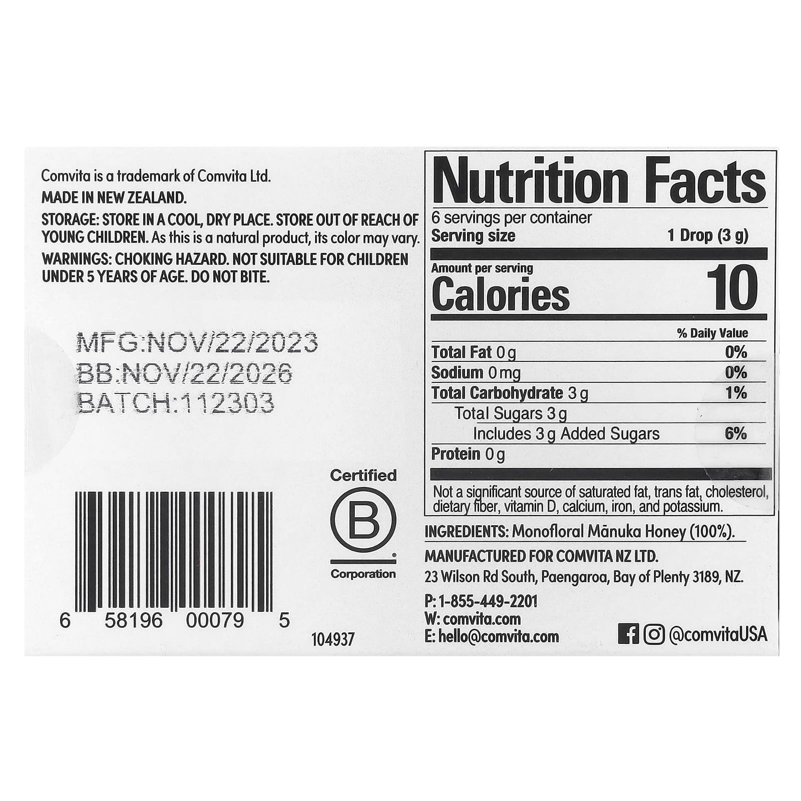 Comvita, 100% Manuka Honey Drops, 6 Drops, 0.63 oz (18 g)