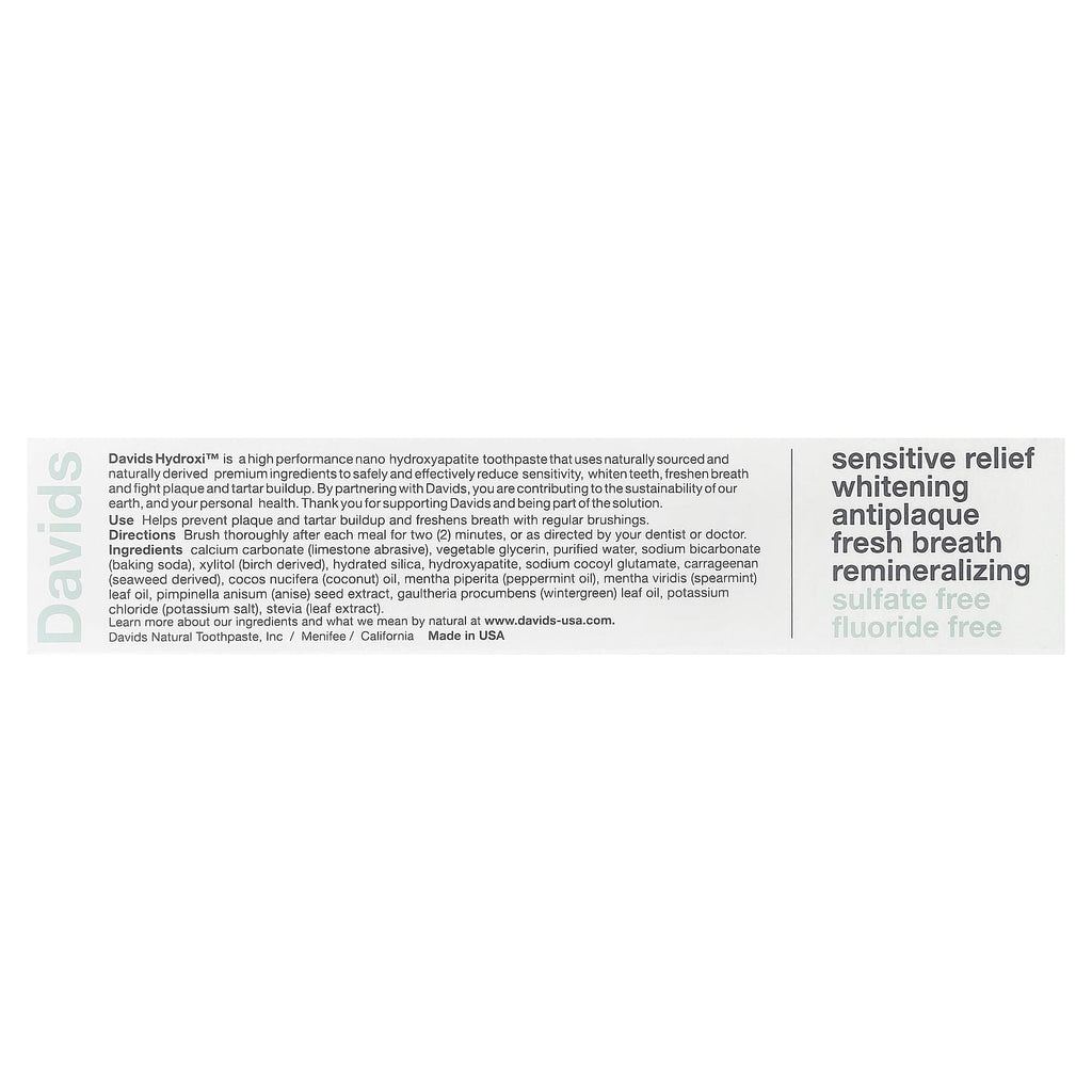 Davids, Hydroxi™, Sensitive + Whitening Toothpaste, Natural Peppermint , 4 oz (113 g)