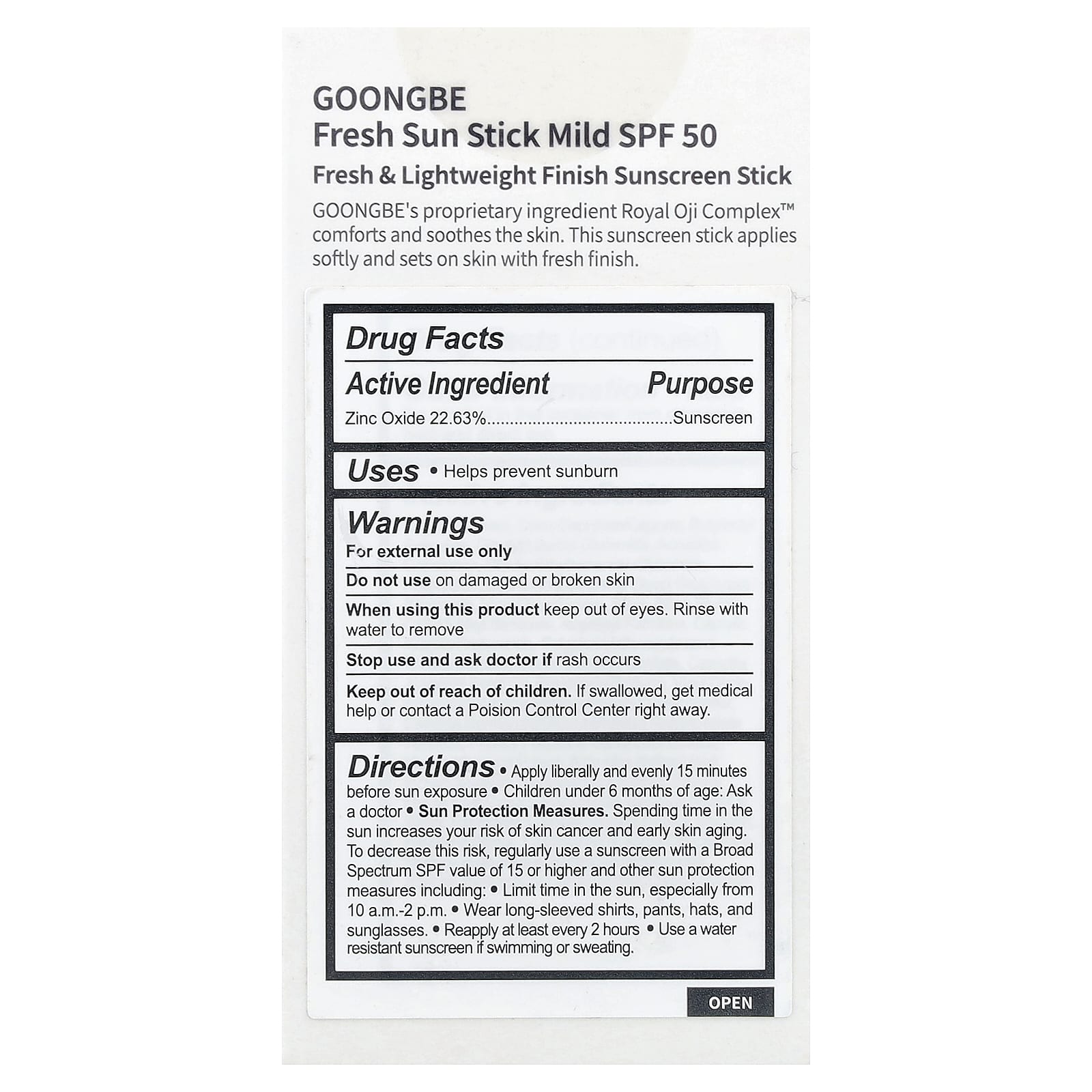 Goongbe, Fresh Sun Stick Sunscreen, Mild, SPF 50, 0.81 oz (23 g)