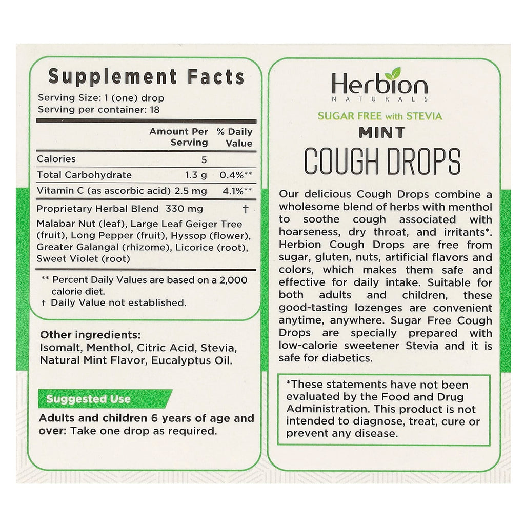 Herbion Naturals, Cough Drops, Sugar Free, Mint, 18 Drops