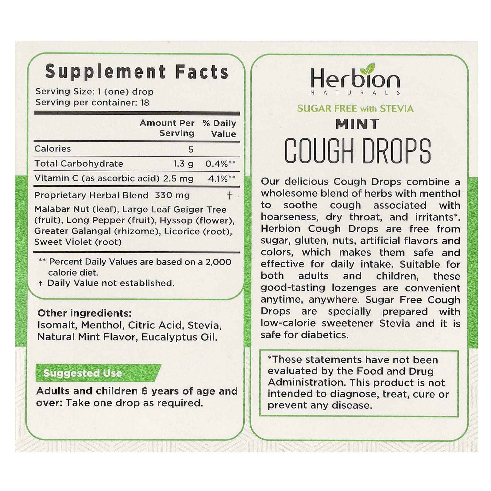 Herbion Naturals, Cough Drops, Sugar Free, Mint, 18 Drops