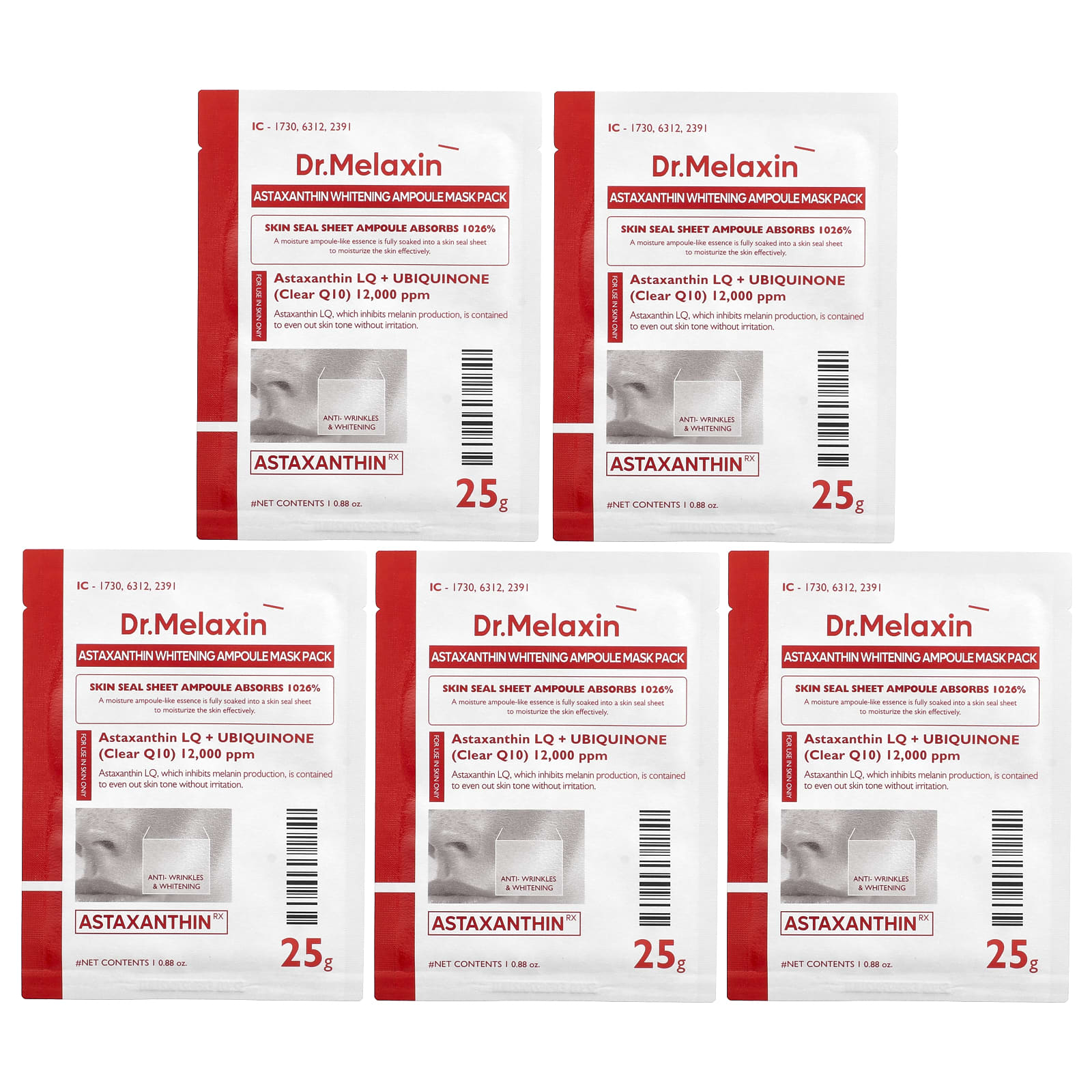 Dr.Melaxin, AstaxanthinRX, Whitening Ampoule Beauty Mask Pack, 5 Sheets, 0.88 oz (25 g) Each