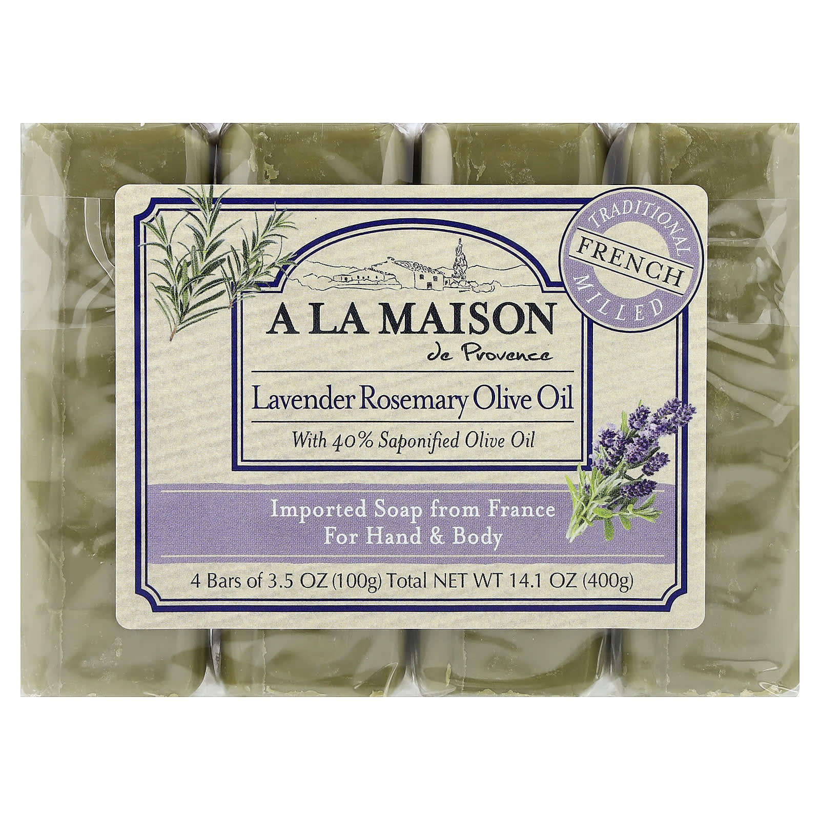 A La Maison de Provence, Hand & Body Bar Soap, Lavender Rosemary Olive Oil, 4 Bars, 3.5 oz (100 g) Each
