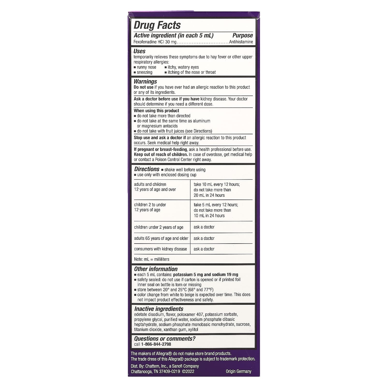 Allegra, Children's Allergy, 12 HR, Ages 2 Years & Older, Grape, 30 mg, 8 fl oz (240 ml)