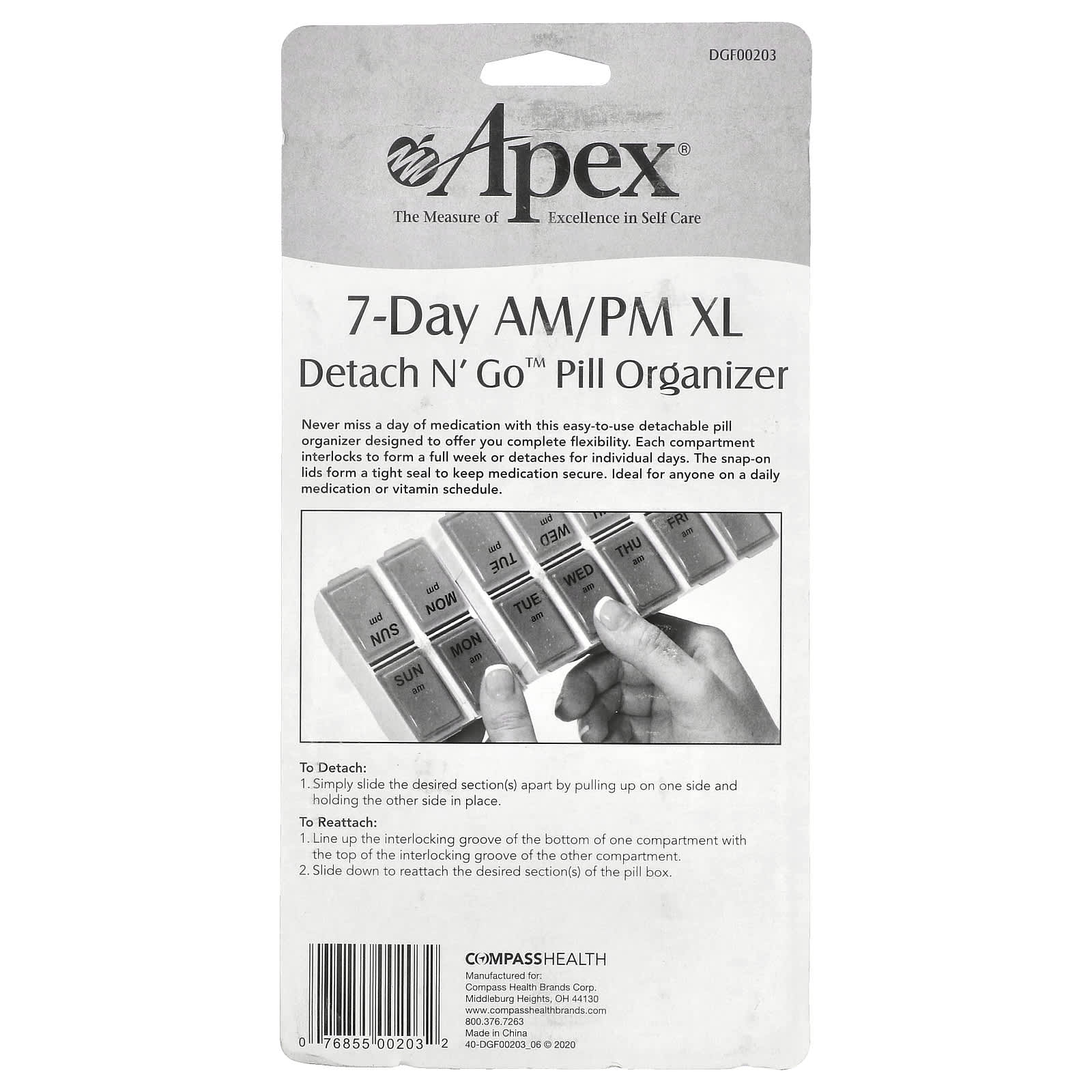 Apex, 7-Day AM/PM XL, Detach N' Go™ Pill Organizer, 1 Pill Organizer