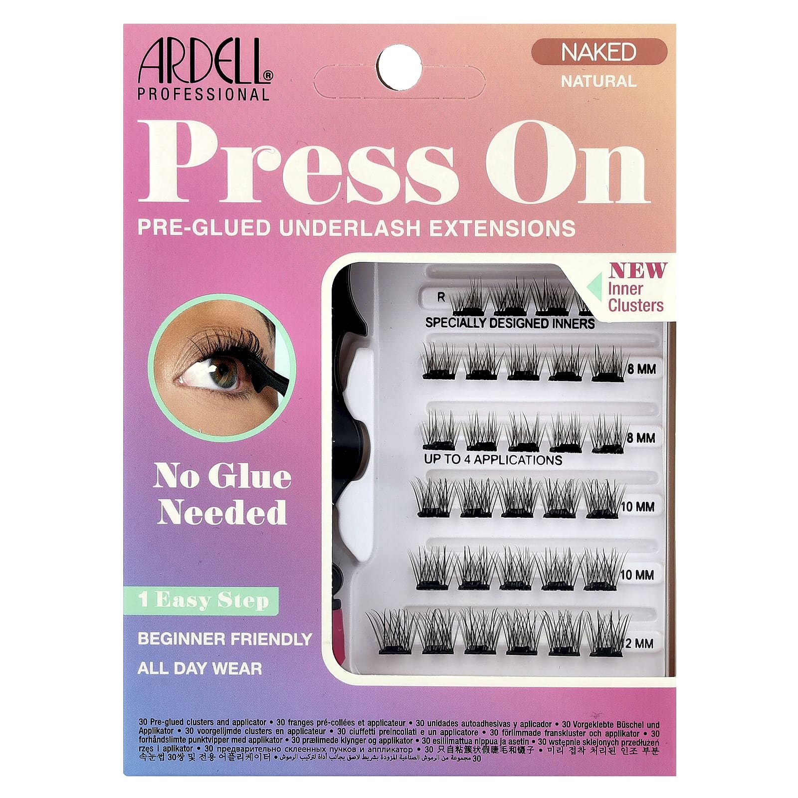 Ardell, Press On, Pre-Glued Underlash Extensions, Naked Natural, 30 Pre-Glued Clusters and Applicator