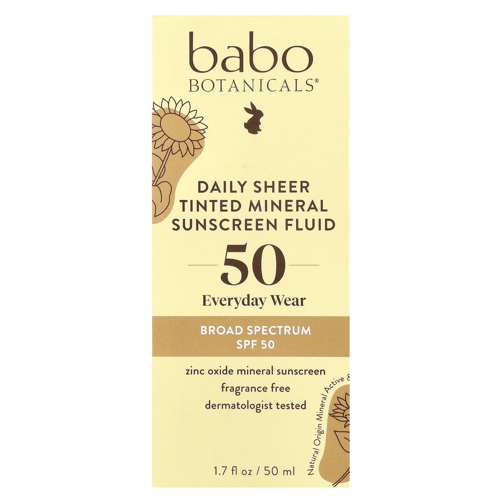 Babo Botanicals, Daily Sheer Tinted Mineral Sunscreen Fluid, SPF 50, Fragrance Free, 1.7 fl oz (50 ml)