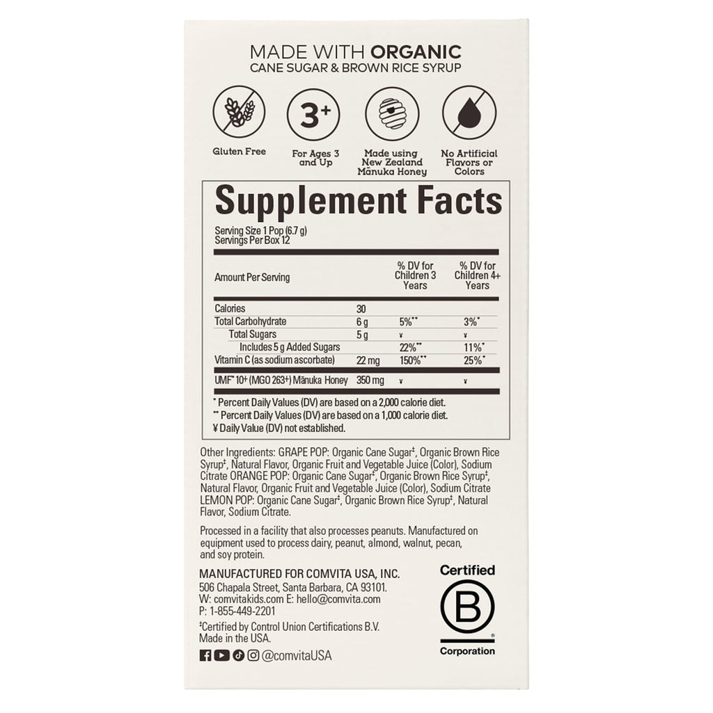 Comvita, Kids, Manuka Honey Soothing Lollipops, Ages 3 and Up, Lemon, Orange, Grape, 12 Pops, 2.84 oz (80.4 g)