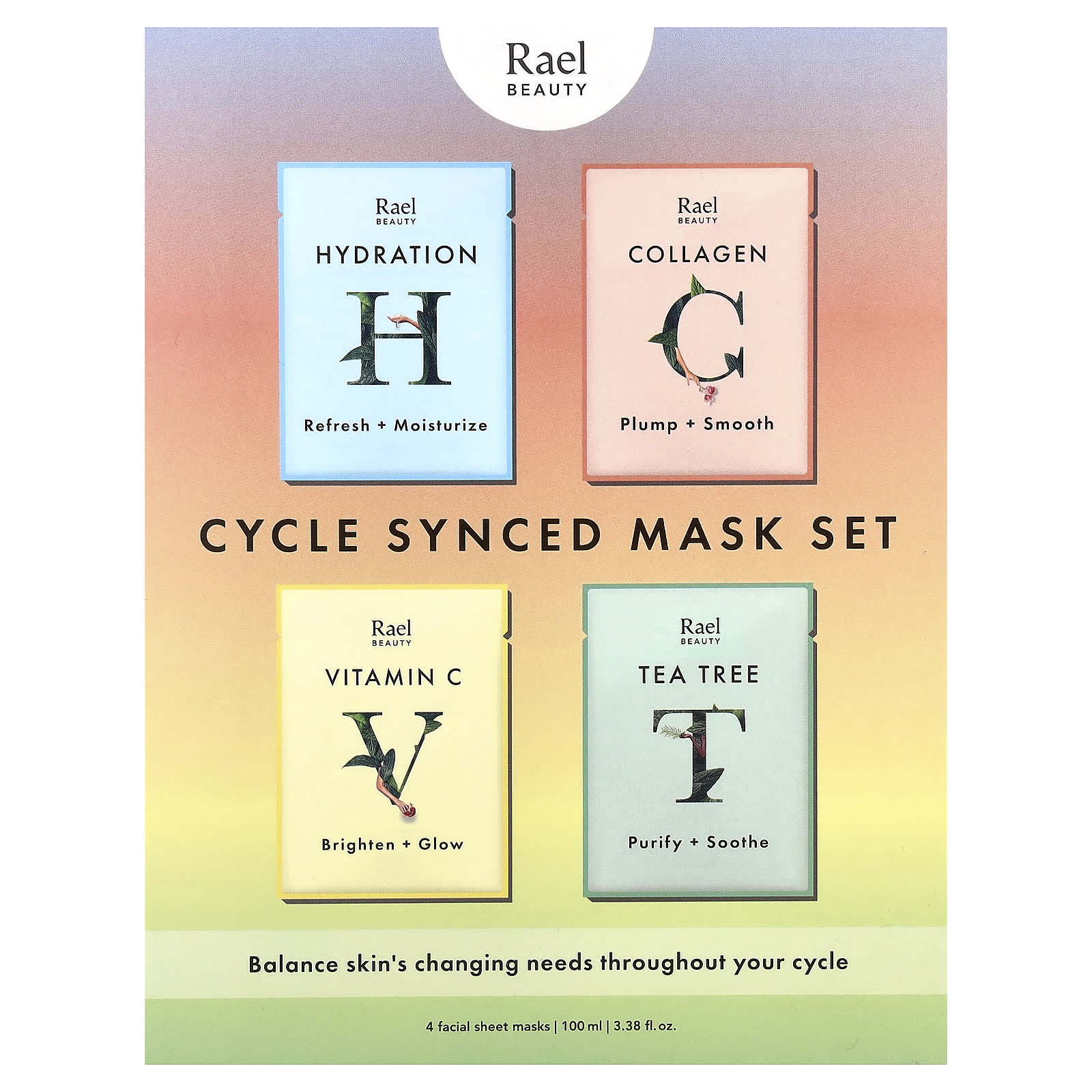 Rael, Cycle Synced Beauty Mask Set, 4 Sheets, 0.84 fl oz (25 ml) Each