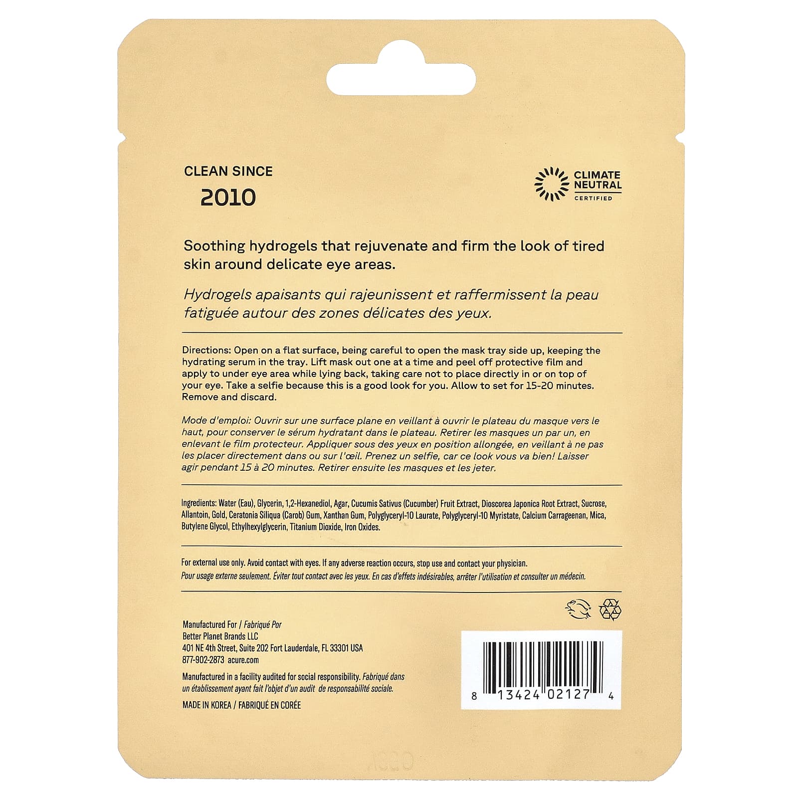 ACURE, Radically Rejuvenating, Under Eye Hydrogels, 2 Single Use Eye Gels, 0.14 oz (4 g)