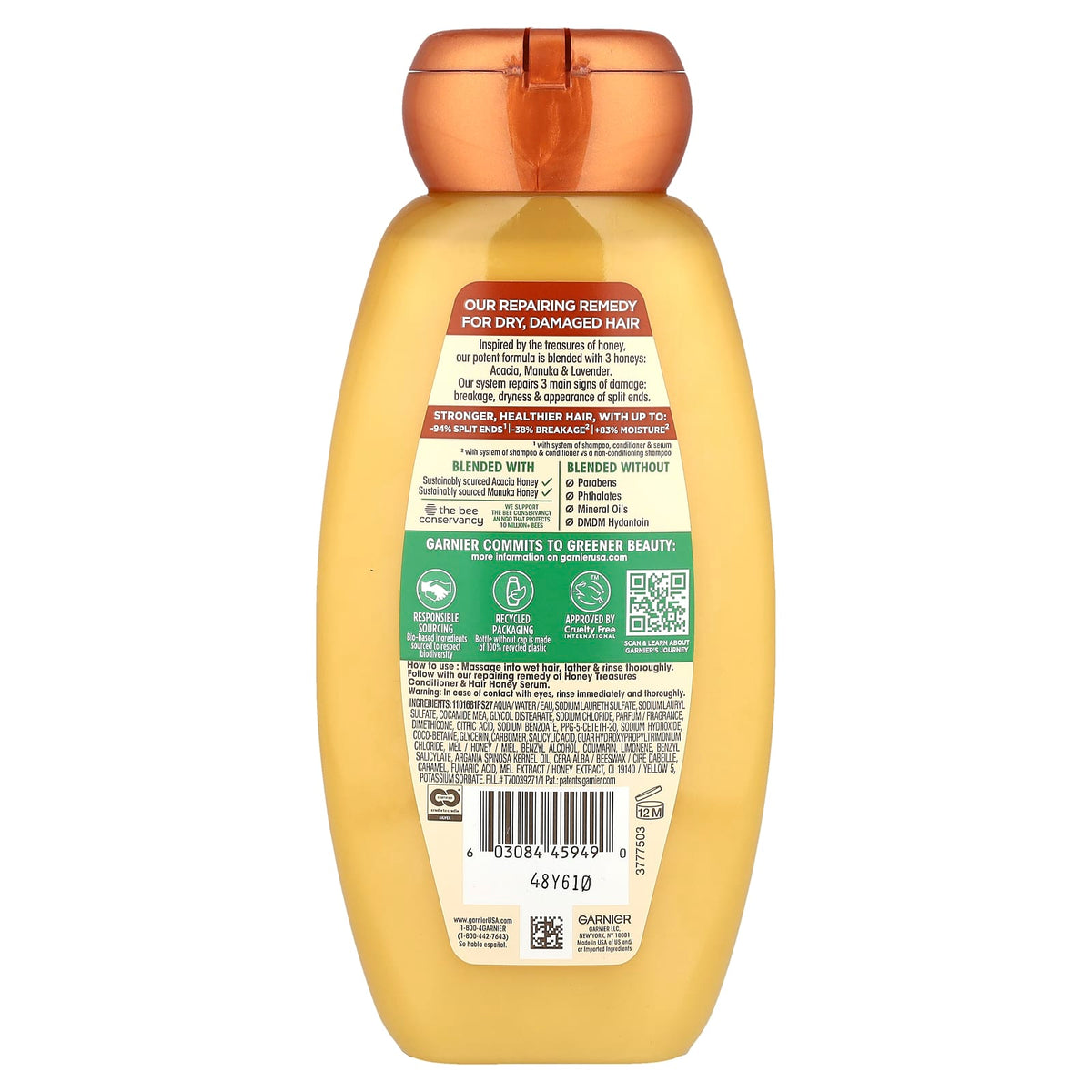 Garnier, Whole Blends, Honey Treasures, Repairing Shampoo, Dry, Damaged Hair, 12.5 fl oz (370 ml)