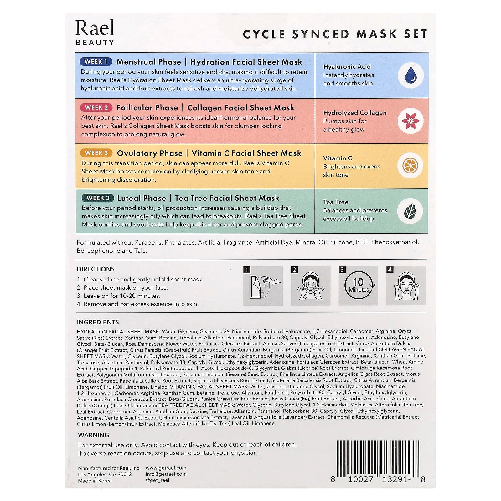 Rael, Cycle Synced Beauty Mask Set, 4 Sheets, 0.84 fl oz (25 ml) Each