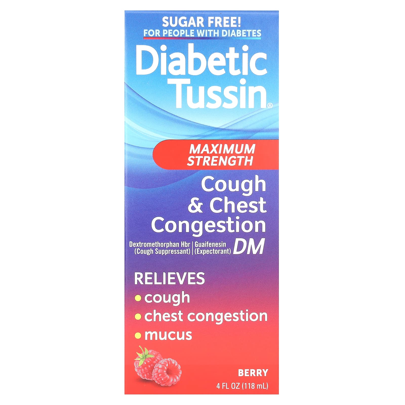 Diabetic Tussin, Cough & Chest Congestion DM, Maximum Strength, Berry, 4 fl oz (118 ml)