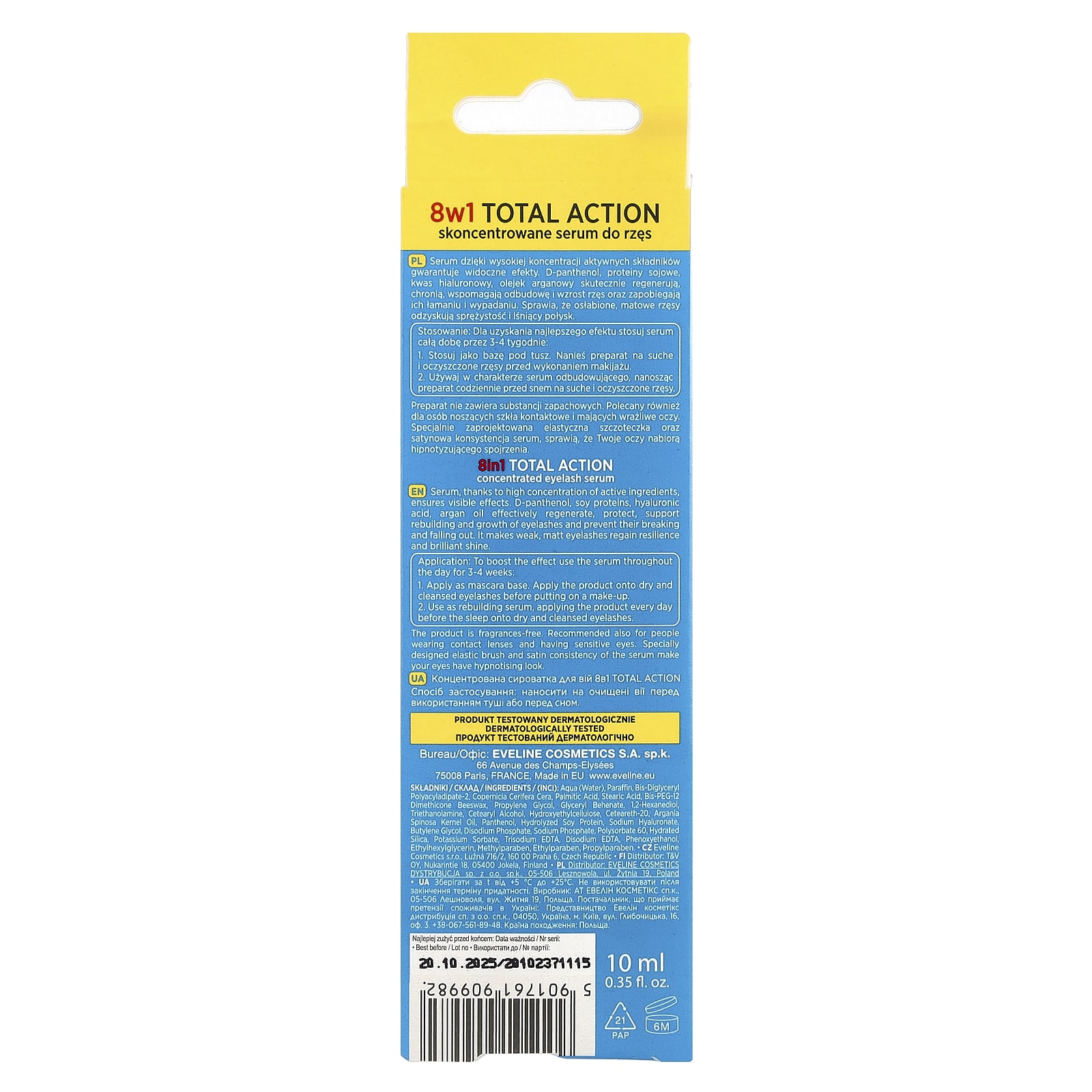 Eveline Cosmetics, 8w1 Total Action, Concentrated Eyelash Serum, 0.35 fl oz (10 ml)