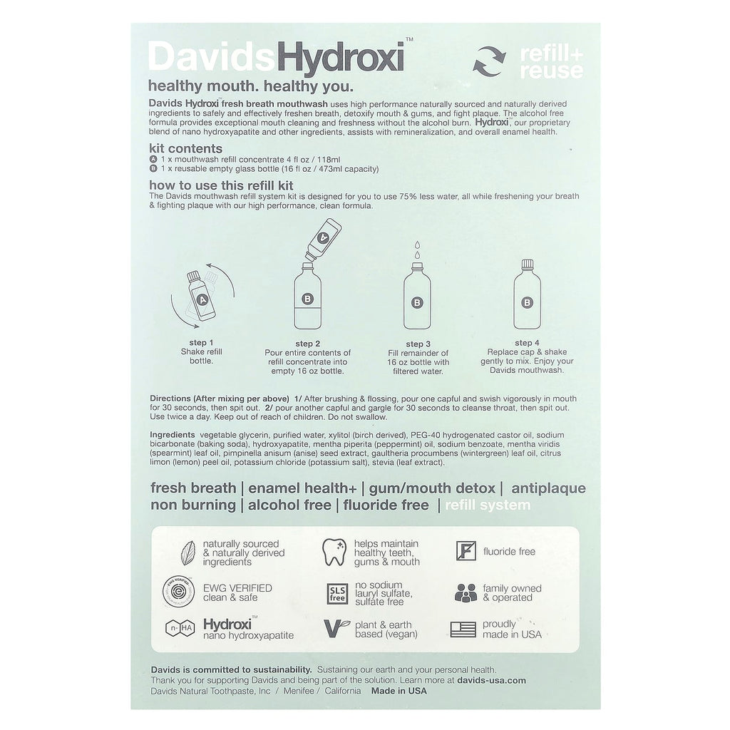 Davids, Fresh Breath Mouthwash Refill Kit, Alcohol Free, Natural Fresh Mint, 2 Piece Kit