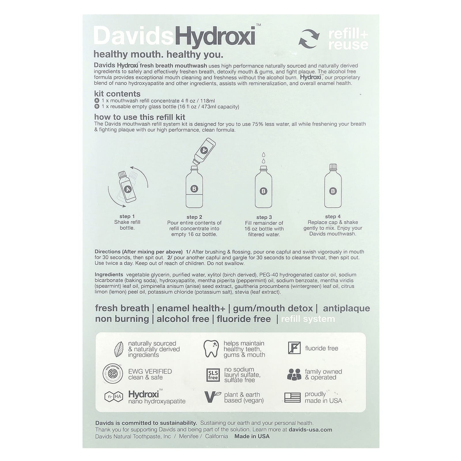 Davids, Fresh Breath Mouthwash Refill Kit, Alcohol Free, Natural Fresh Mint, 2 Piece Kit