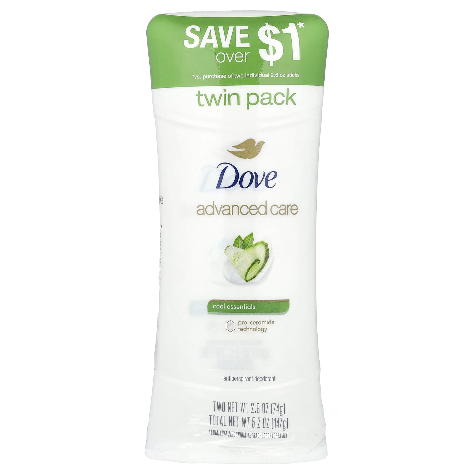 Dove, Advanced Care, Anti-Perspirant Deodorant, Cool Essentials, 2 Pack, 2.6 oz (74 g) Each