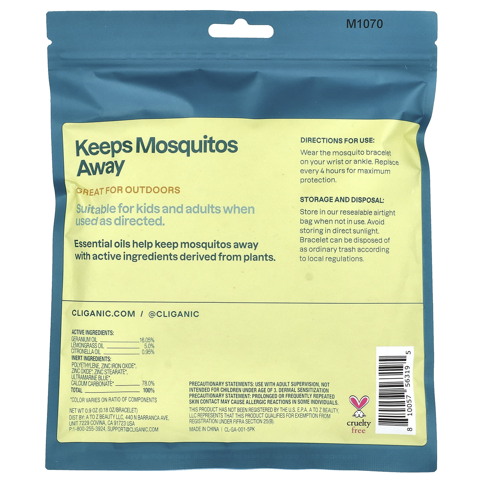 Cliganic, Mosquito Repellent Bracelet, One Size Fits All, 5 Individually Wrapped Bracelets