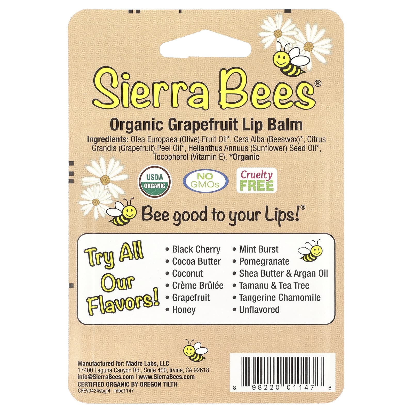 Sierra Bees, Organic Lip Balms, Grapefruit, 4 Pack, 0.15 oz (4.25 g) Each