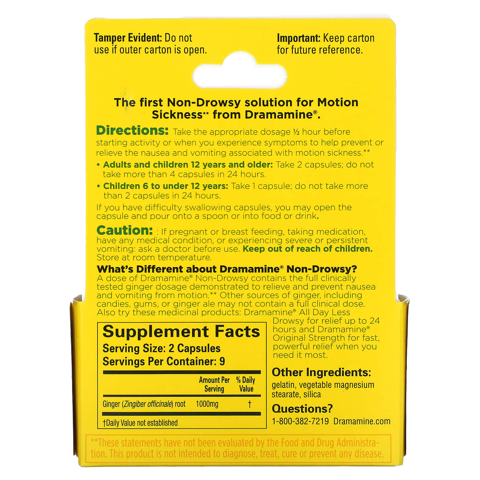 Dramamine, Motion Sickness, Non-Drowsy, 18 Capsules (500 mg per Capsule)