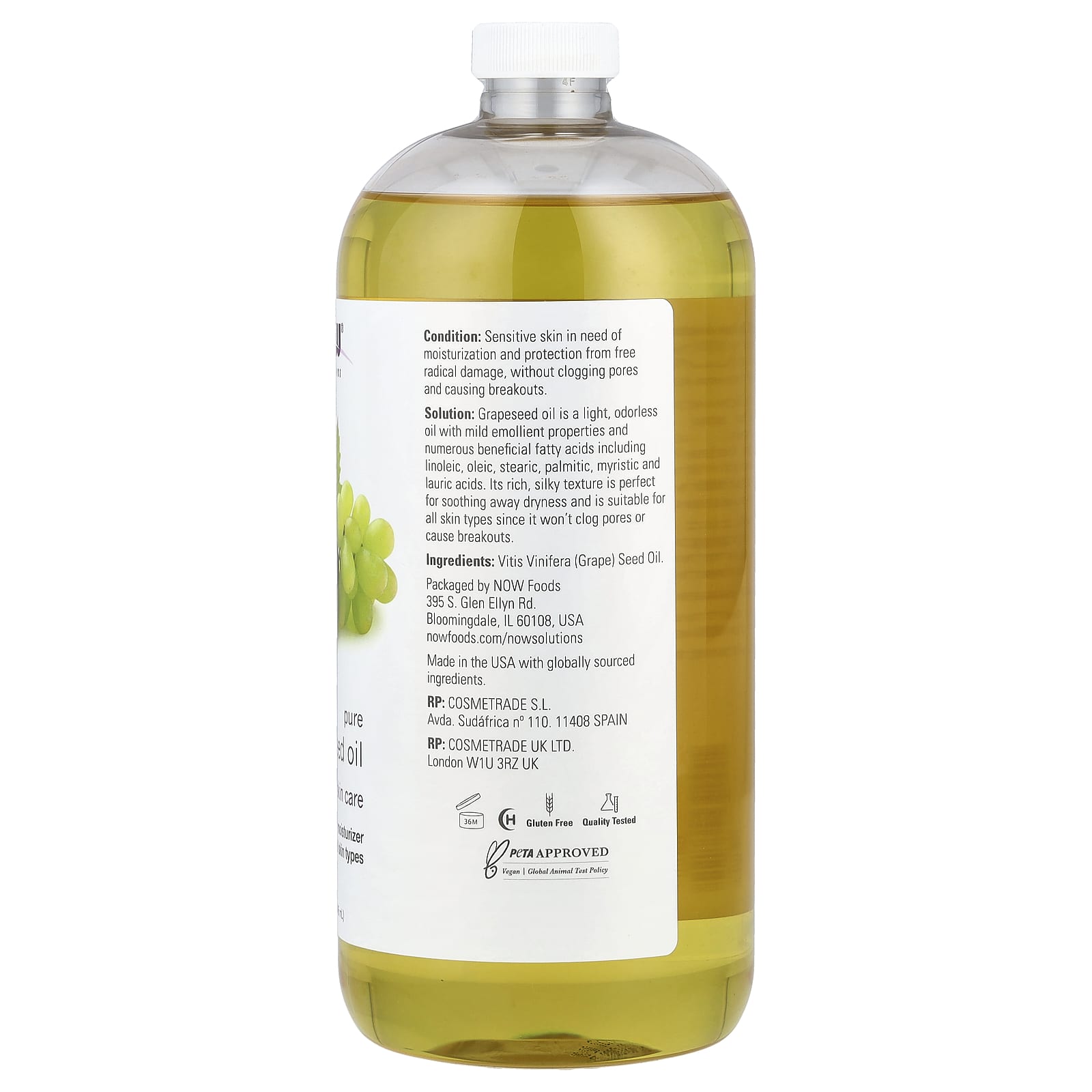 NOW Foods, Solutions, Pure Grapeseed Oil, All Skin Types, 32 fl oz (946 ml)